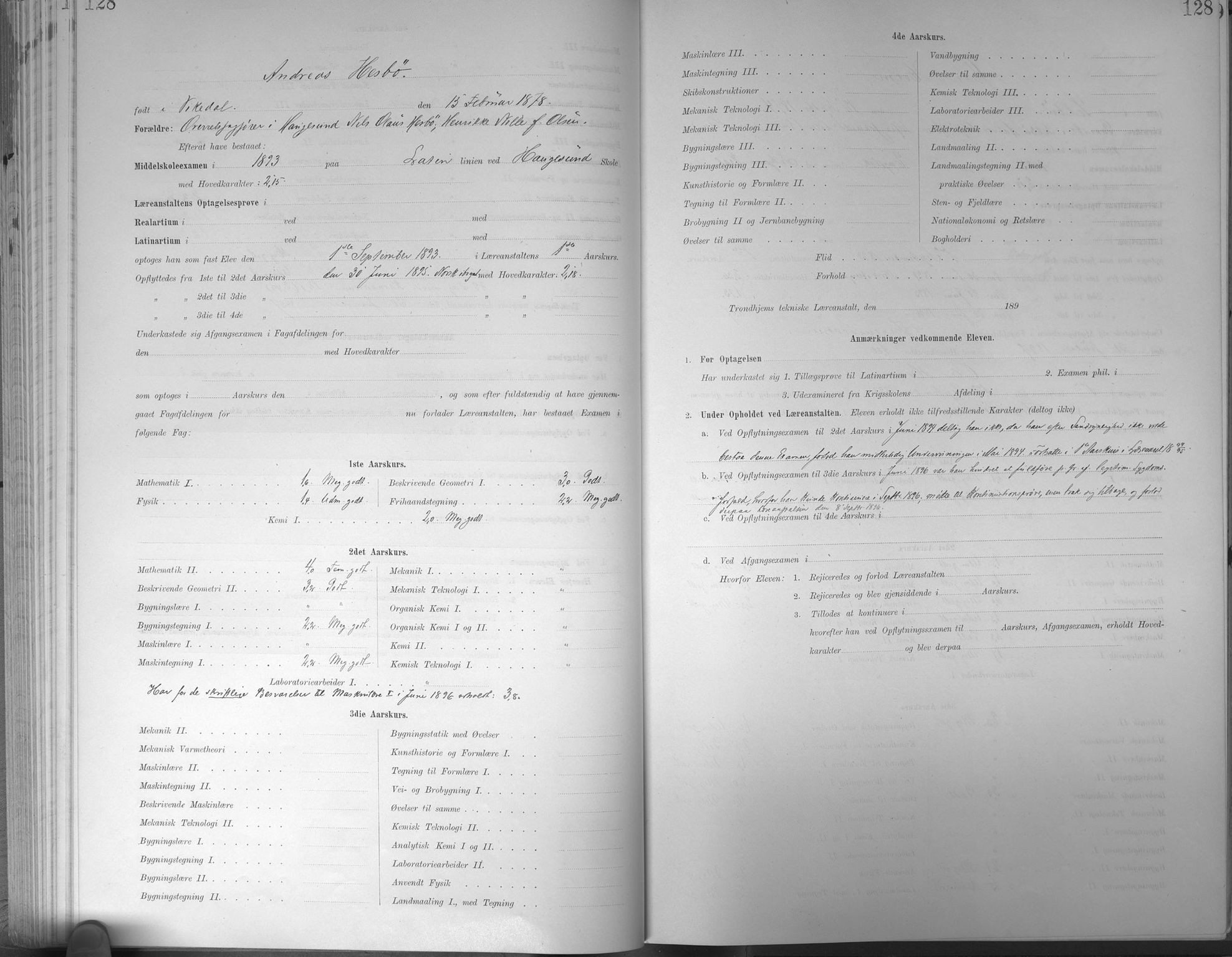 Trondhjems tekniske læreanstalt, SAT/A-1622/G/Ga/L0047: Karakterprotokoll, faste elever, 1890-1899