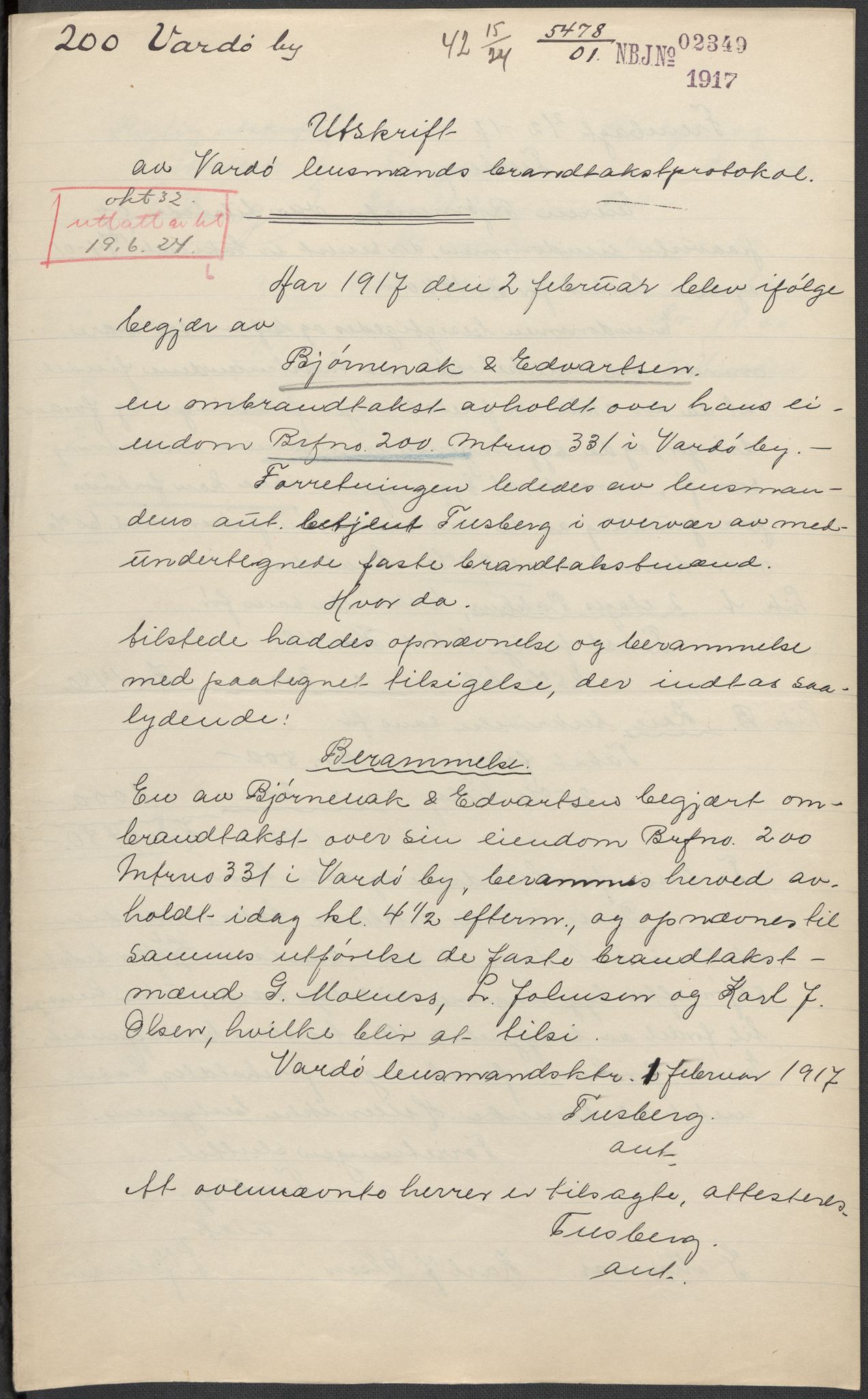 Norges Brannkasse, AV/RA-S-1549/E/Eu/L0016: Branntakster for Vardø by, 1866-1955, s. 350