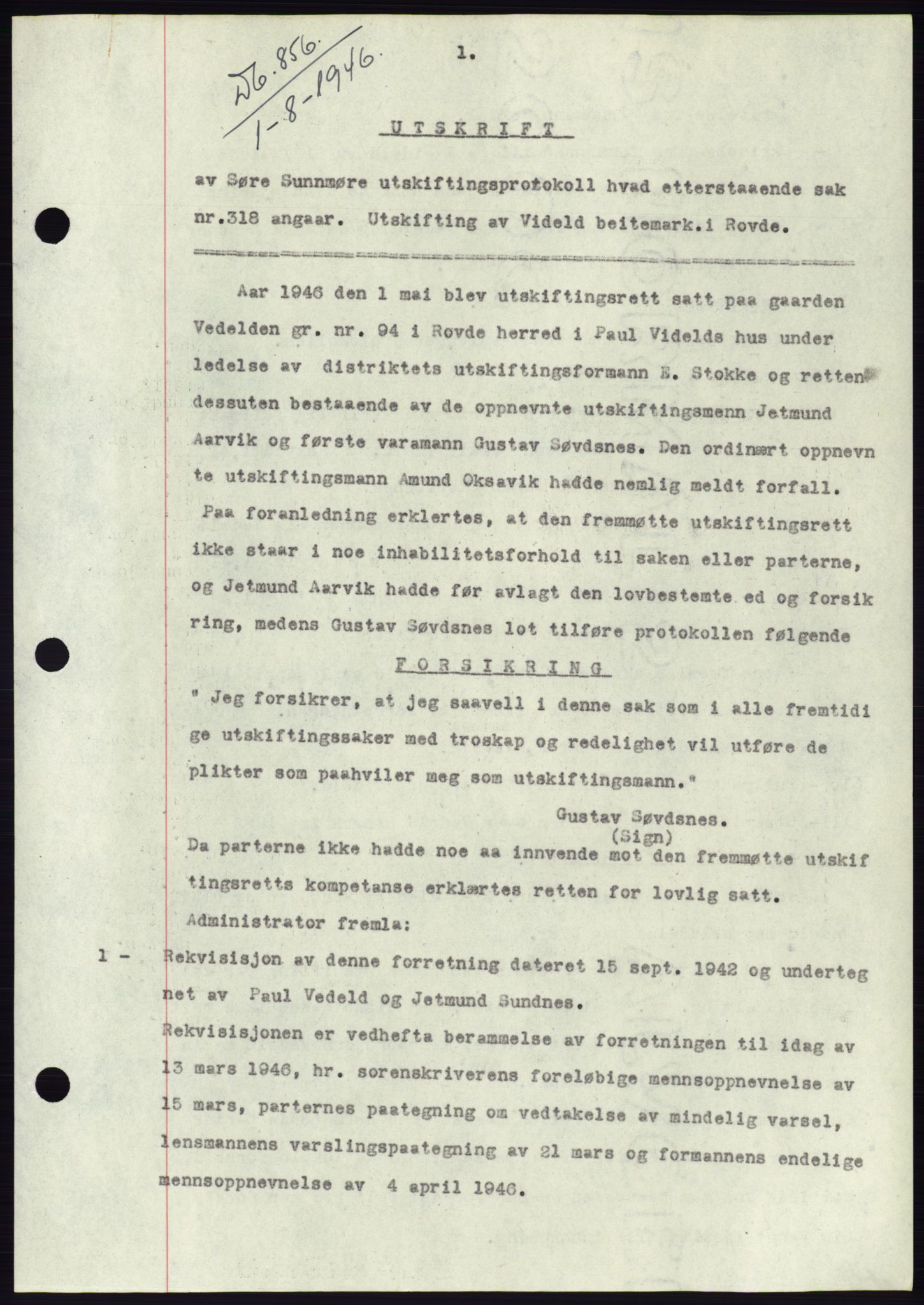 Søre Sunnmøre sorenskriveri, SAT/A-4122/1/2/2C/L0078: Pantebok nr. 4A, 1946-1946, Dagboknr: 856/1946