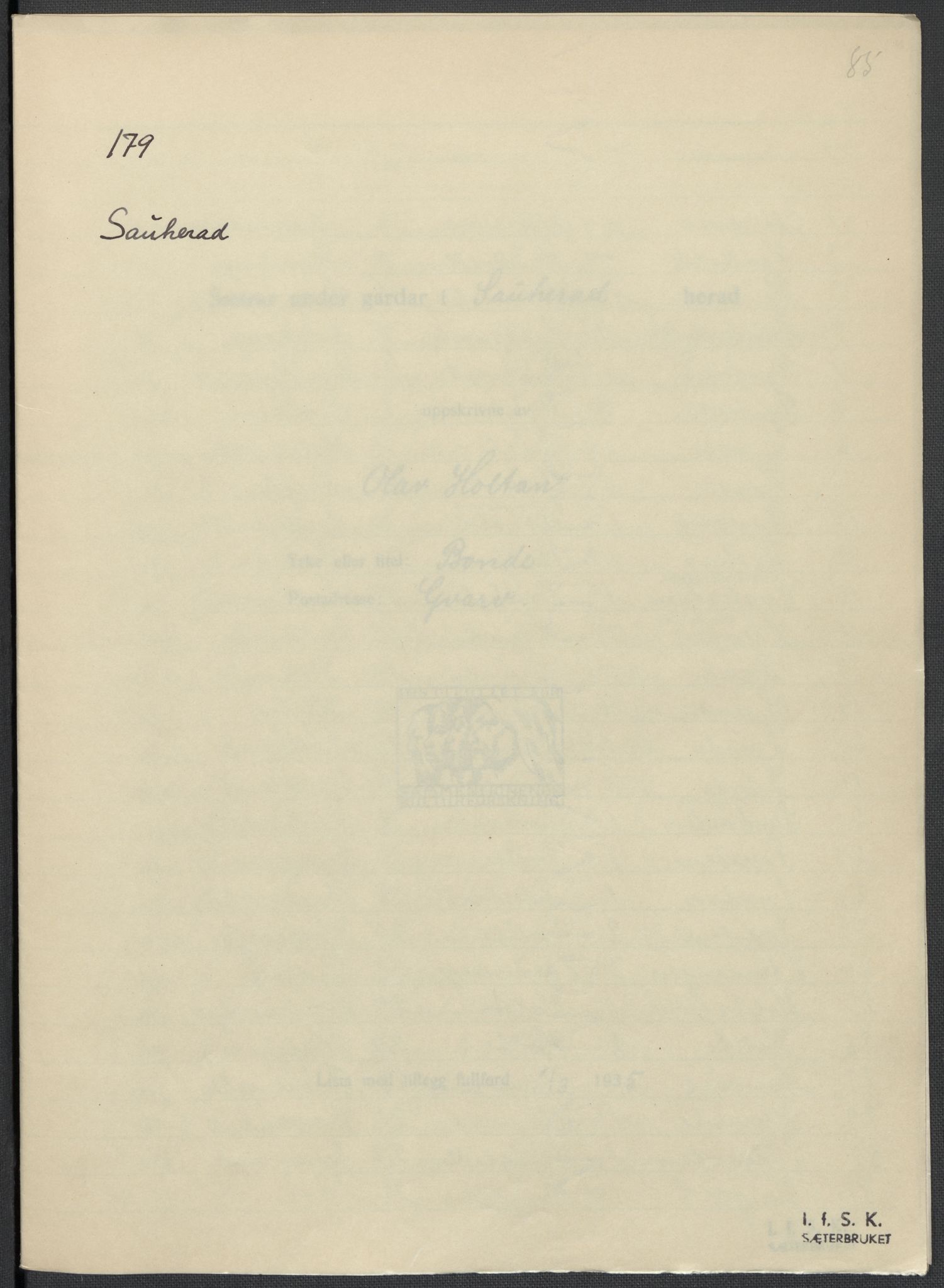 Instituttet for sammenlignende kulturforskning, RA/PA-0424/F/Fc/L0007/0001: Eske B7: / Telemark (perm XVI), 1934-1936, s. 85