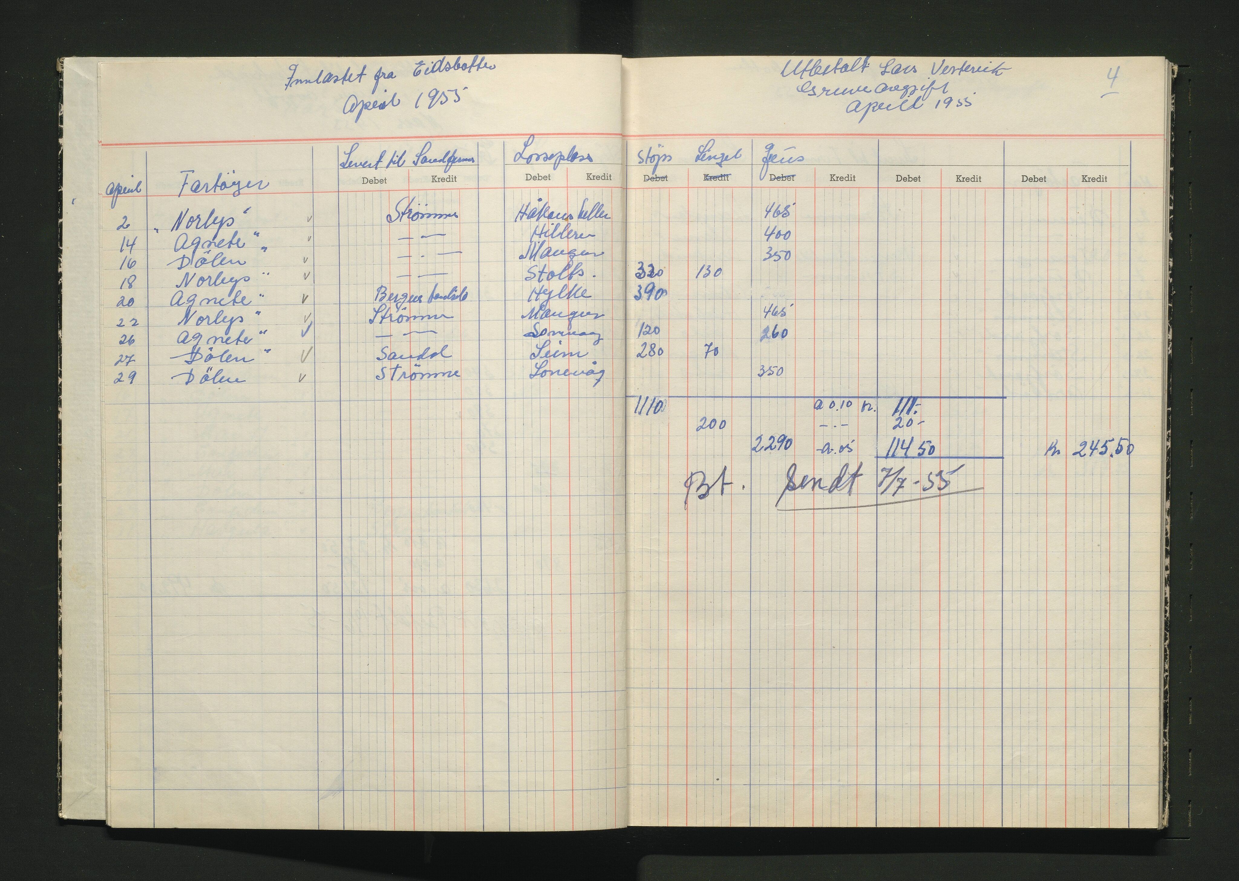 Osterfjorden fartøy- og sandeigarlag AL, IKAH/1263-Pa0031/R/Rb/L0001: Protokoll over innbetalte gruveavgifter, 1955-1956