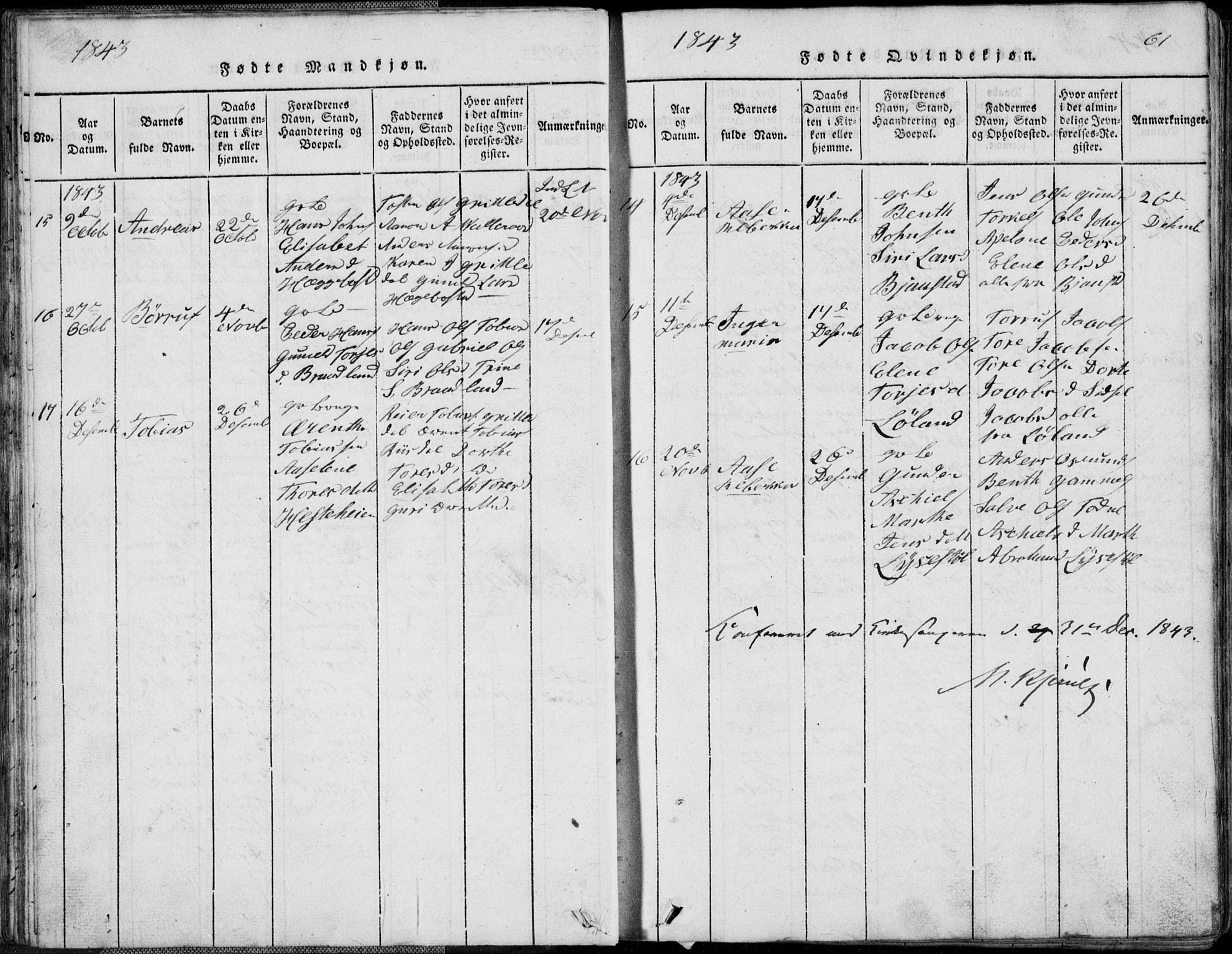 Nord-Audnedal sokneprestkontor, AV/SAK-1111-0032/F/Fb/Fbb/L0001: Klokkerbok nr. B 1, 1816-1858, s. 61