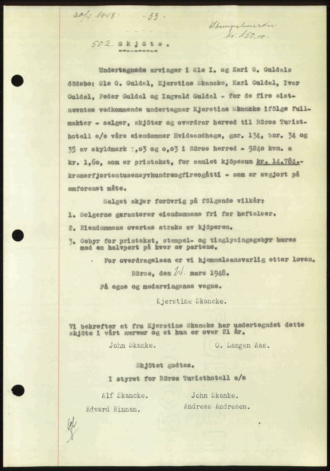 Gauldal sorenskriveri, SAT/A-0014/1/2/2C: Pantebok nr. A5, 1947-1948, Dagboknr: 502/1948
