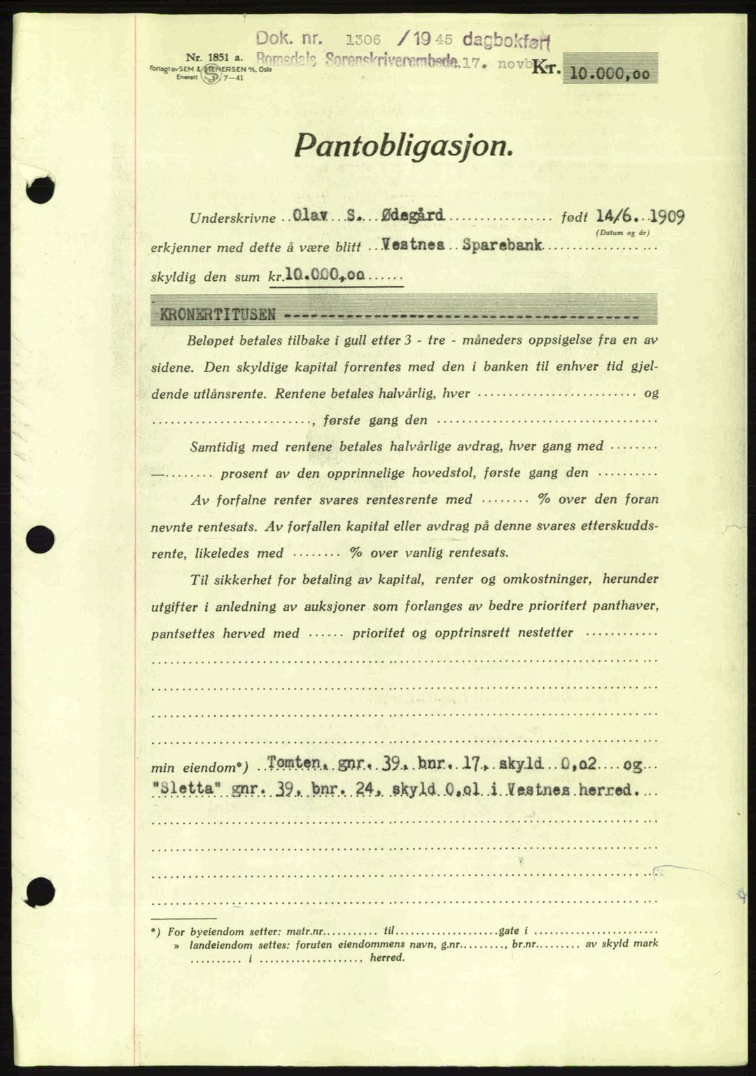 Romsdal sorenskriveri, SAT/A-4149/1/2/2C: Pantebok nr. B2, 1939-1945, Dagboknr: 1306/1945