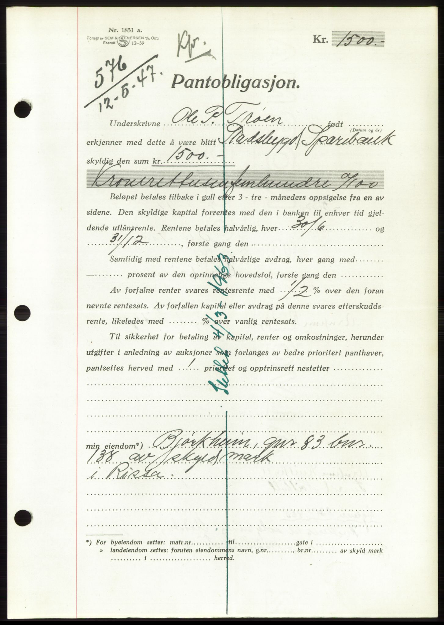 Fosen sorenskriveri, AV/SAT-A-1107/1/2/2C: Pantebok nr. B, 1946-1948, Dagboknr: 576/1947