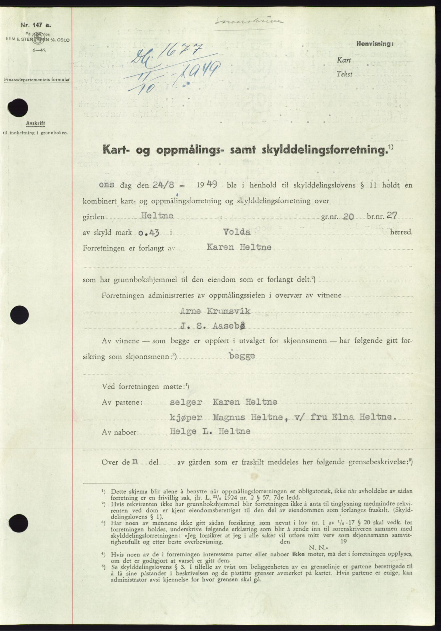 Søre Sunnmøre sorenskriveri, SAT/A-4122/1/2/2C/L0085: Pantebok nr. 11A, 1949-1949, Dagboknr: 1677/1949