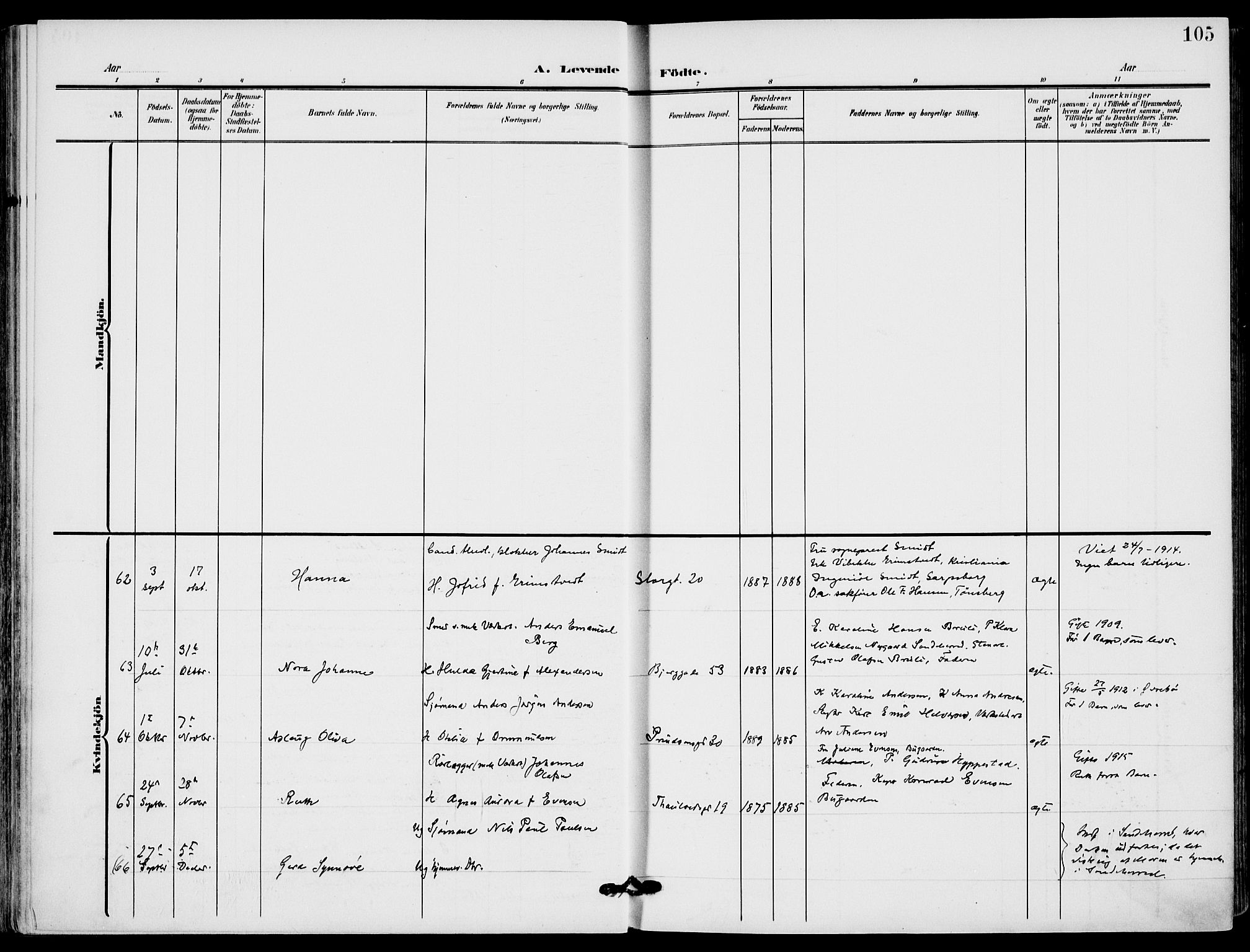 Sandefjord kirkebøker, AV/SAKO-A-315/F/Fa/L0005: Ministerialbok nr. 5, 1906-1915, s. 105