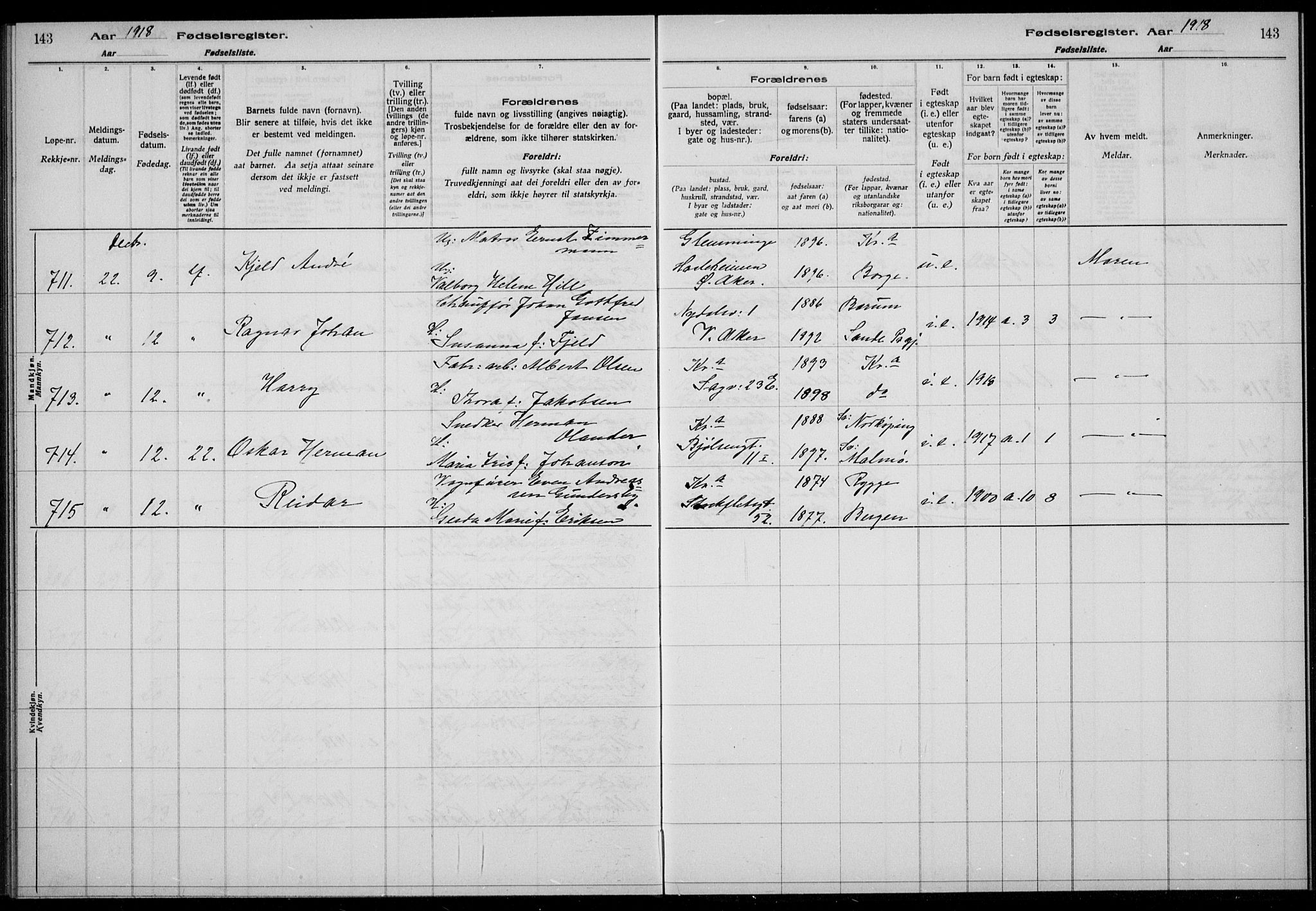 Rikshospitalet prestekontor Kirkebøker, AV/SAO-A-10309b/J/L0003: Fødselsregister nr. 3, 1918-1918, s. 143