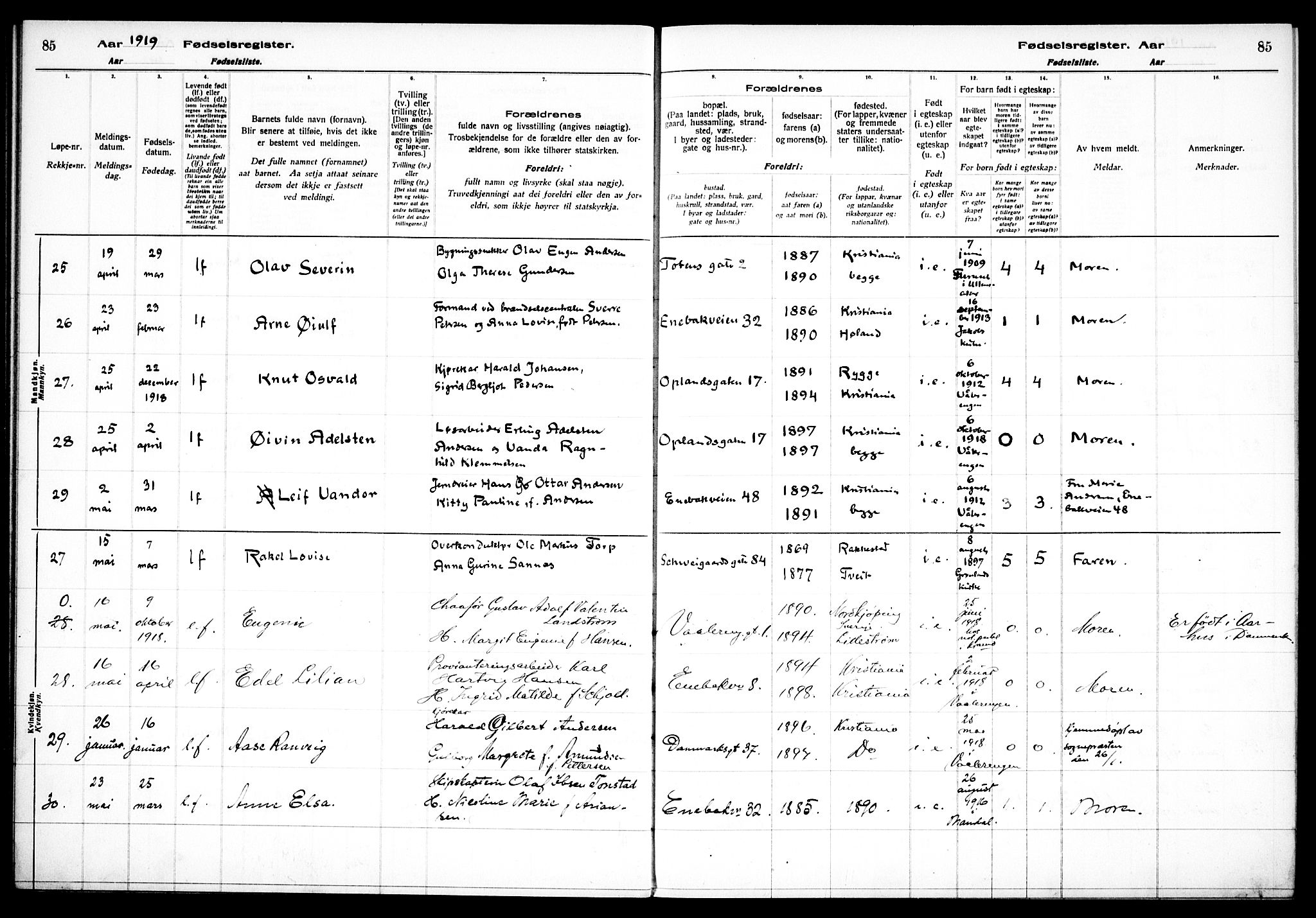 Vålerengen prestekontor Kirkebøker, AV/SAO-A-10878/J/Ja/L0001: Fødselsregister nr. 1, 1916-1924, s. 85