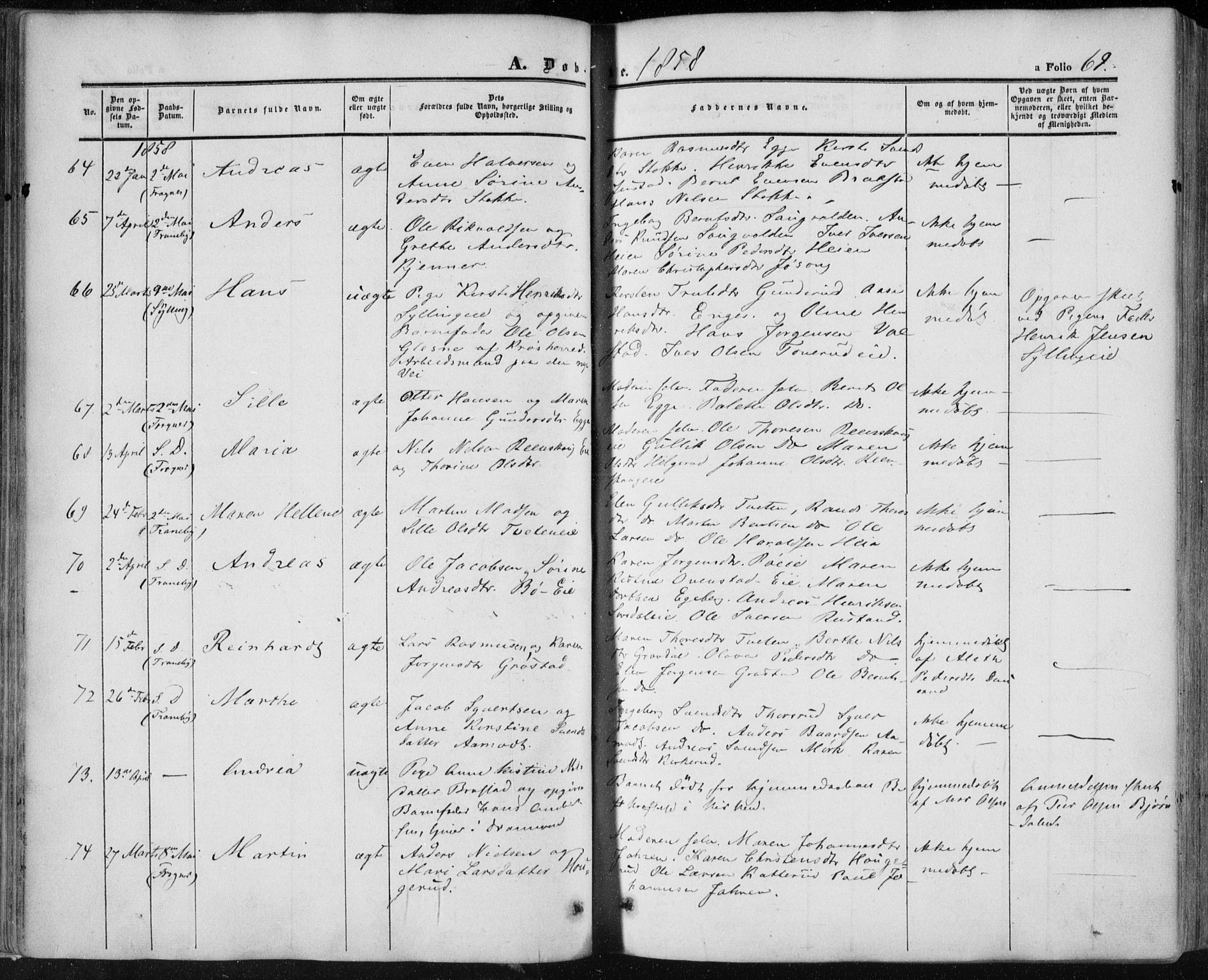Lier kirkebøker, AV/SAKO-A-230/F/Fa/L0012: Ministerialbok nr. I 12, 1854-1864, s. 69