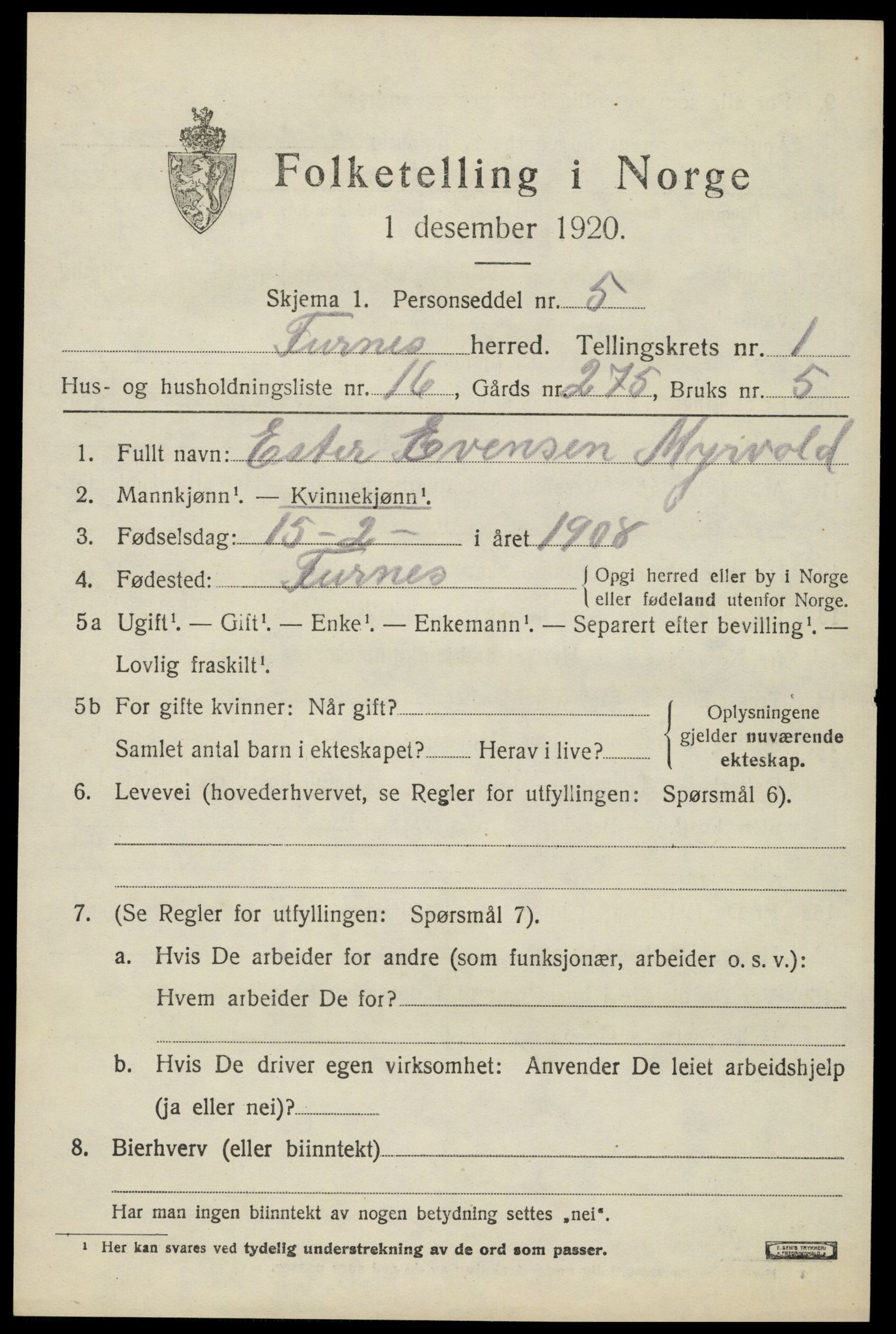 SAH, Folketelling 1920 for 0413 Furnes herred, 1920, s. 1829