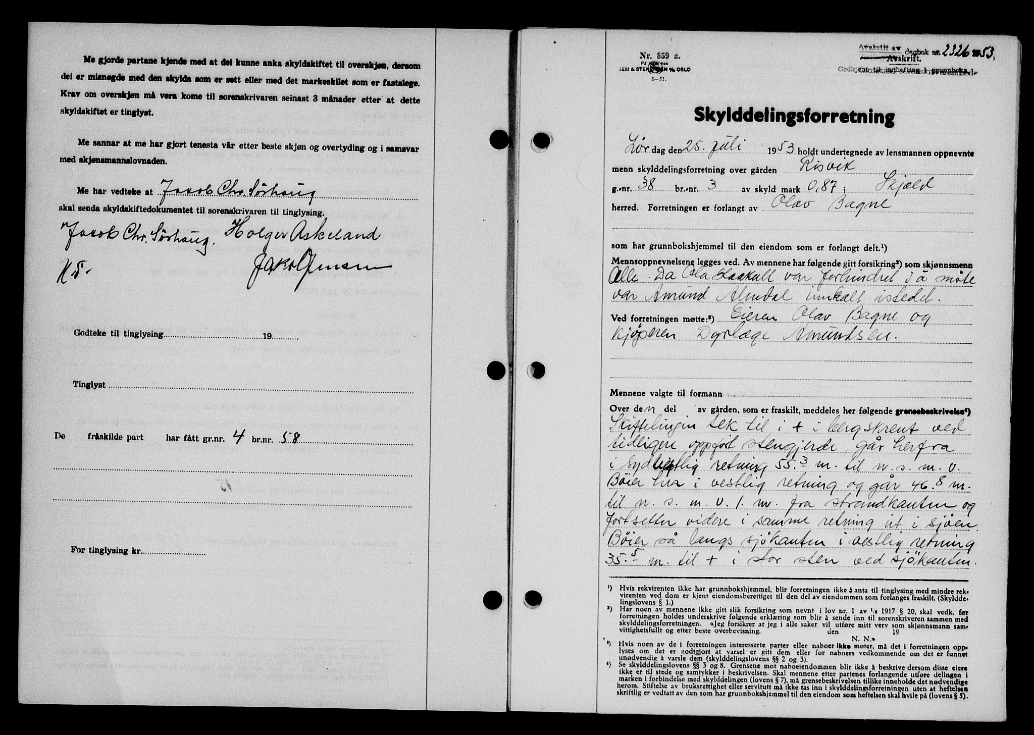 Karmsund sorenskriveri, SAST/A-100311/01/II/IIB/L0109: Pantebok nr. 89A, 1953-1953, Dagboknr: 2326/1953