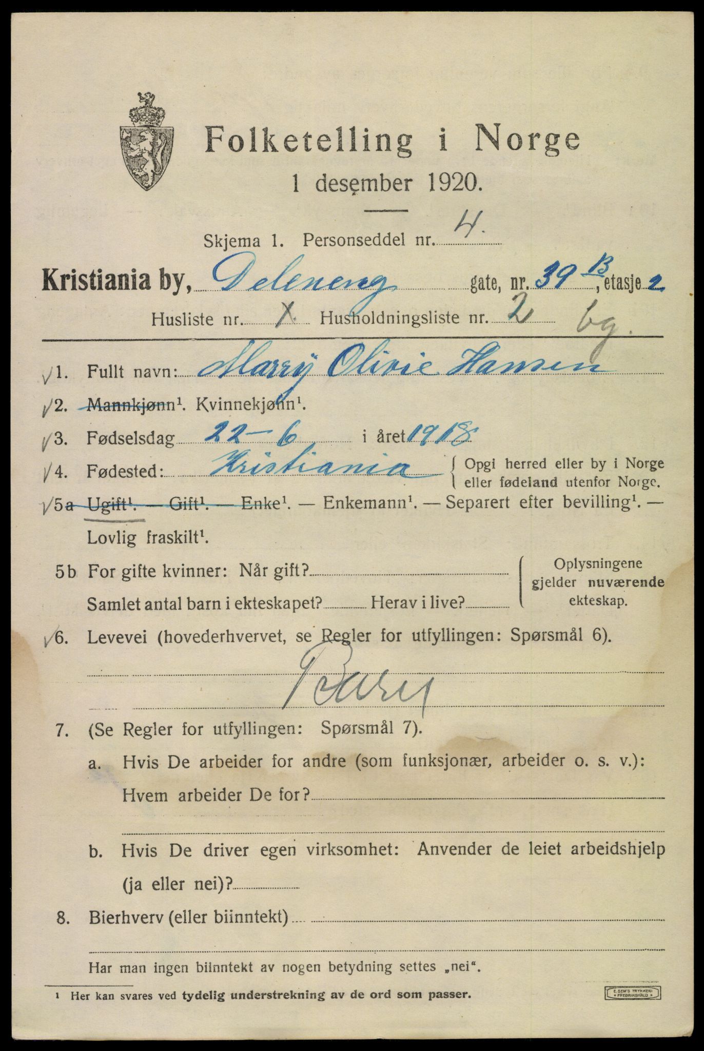 SAO, Folketelling 1920 for 0301 Kristiania kjøpstad, 1920, s. 206865