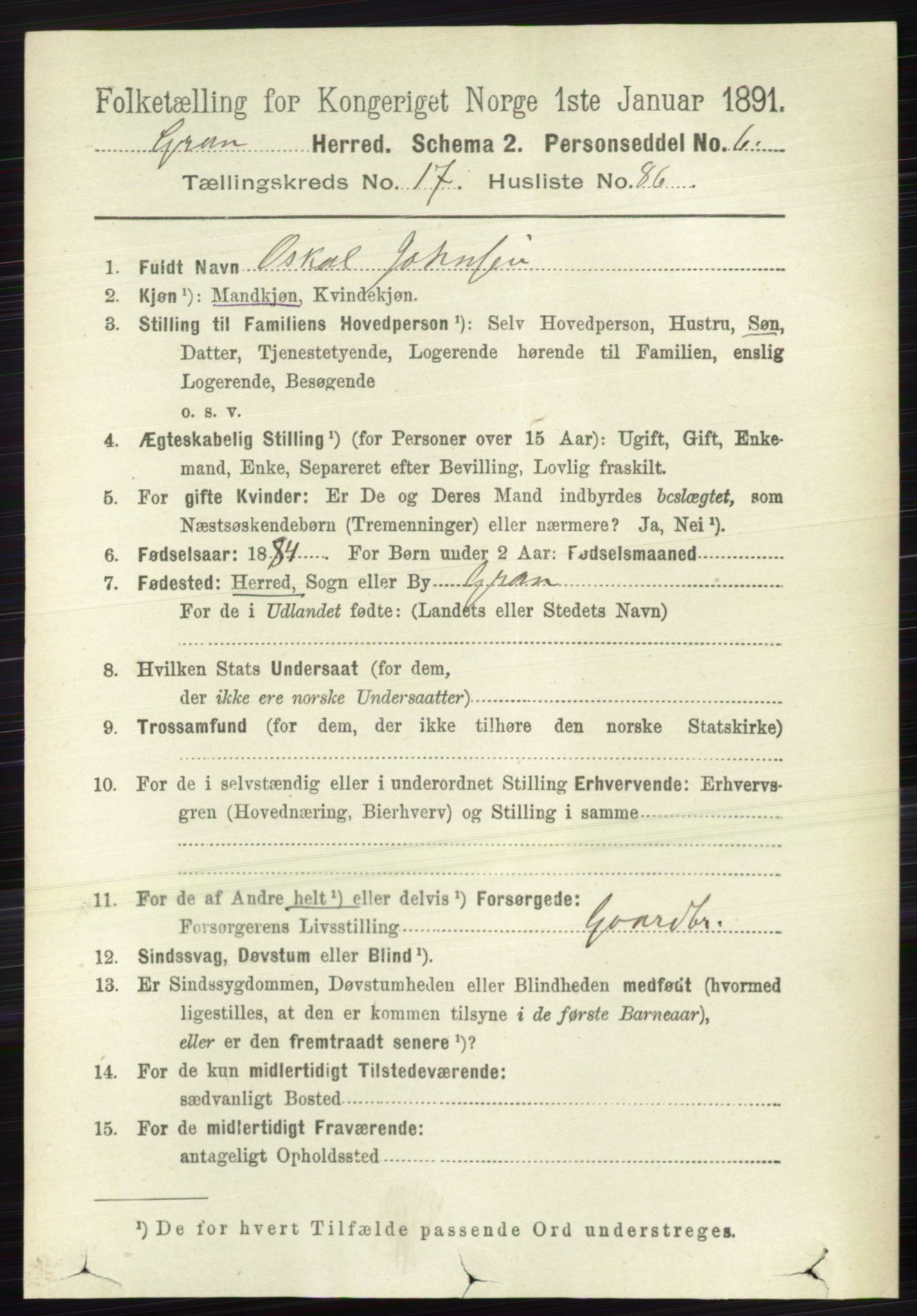 RA, Folketelling 1891 for 0534 Gran herred, 1891, s. 9187