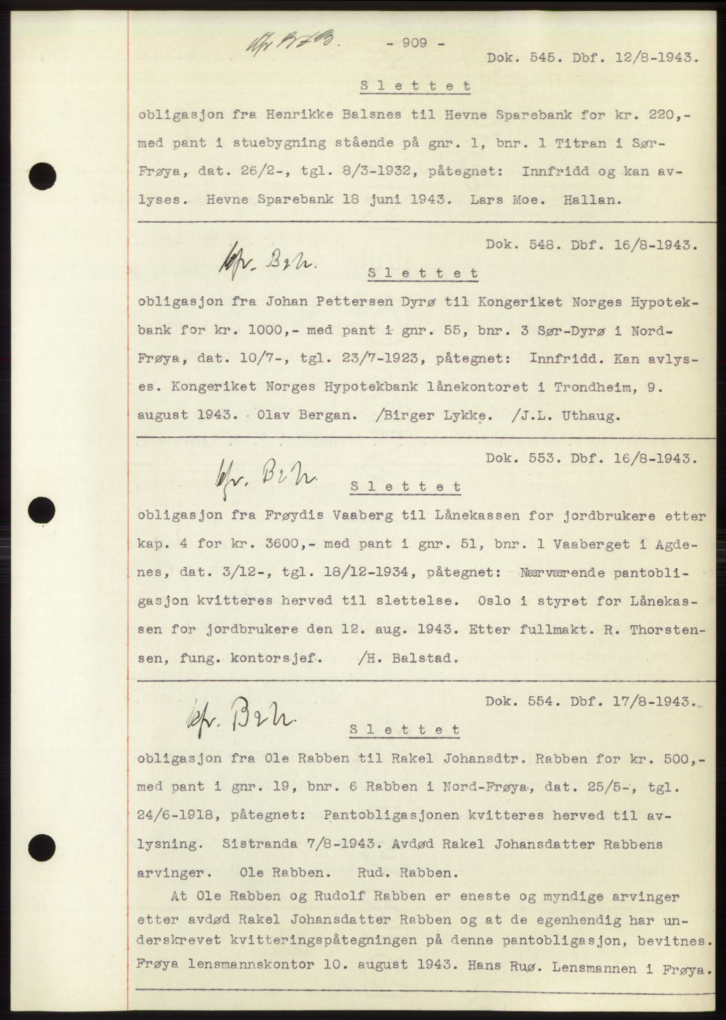Hitra sorenskriveri, AV/SAT-A-0018/2/2C/2Ca: Pantebok nr. C1, 1936-1945, Dagboknr: 545/1943
