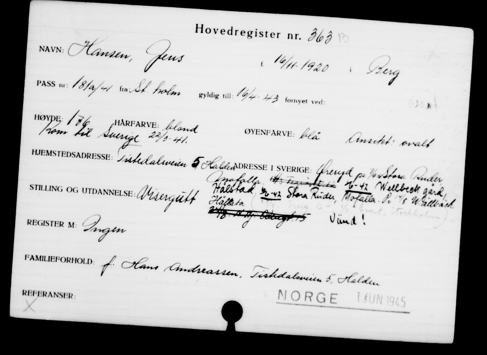 Utenriksstasjonene, Legasjonen i Stockholm, Flyktningkontoret, AV/RA-S-6753/V/Va/L0001: Kjesäterkartoteket, flyktninger med registreringsnr. 1-1000, 1940-1945, s. 573