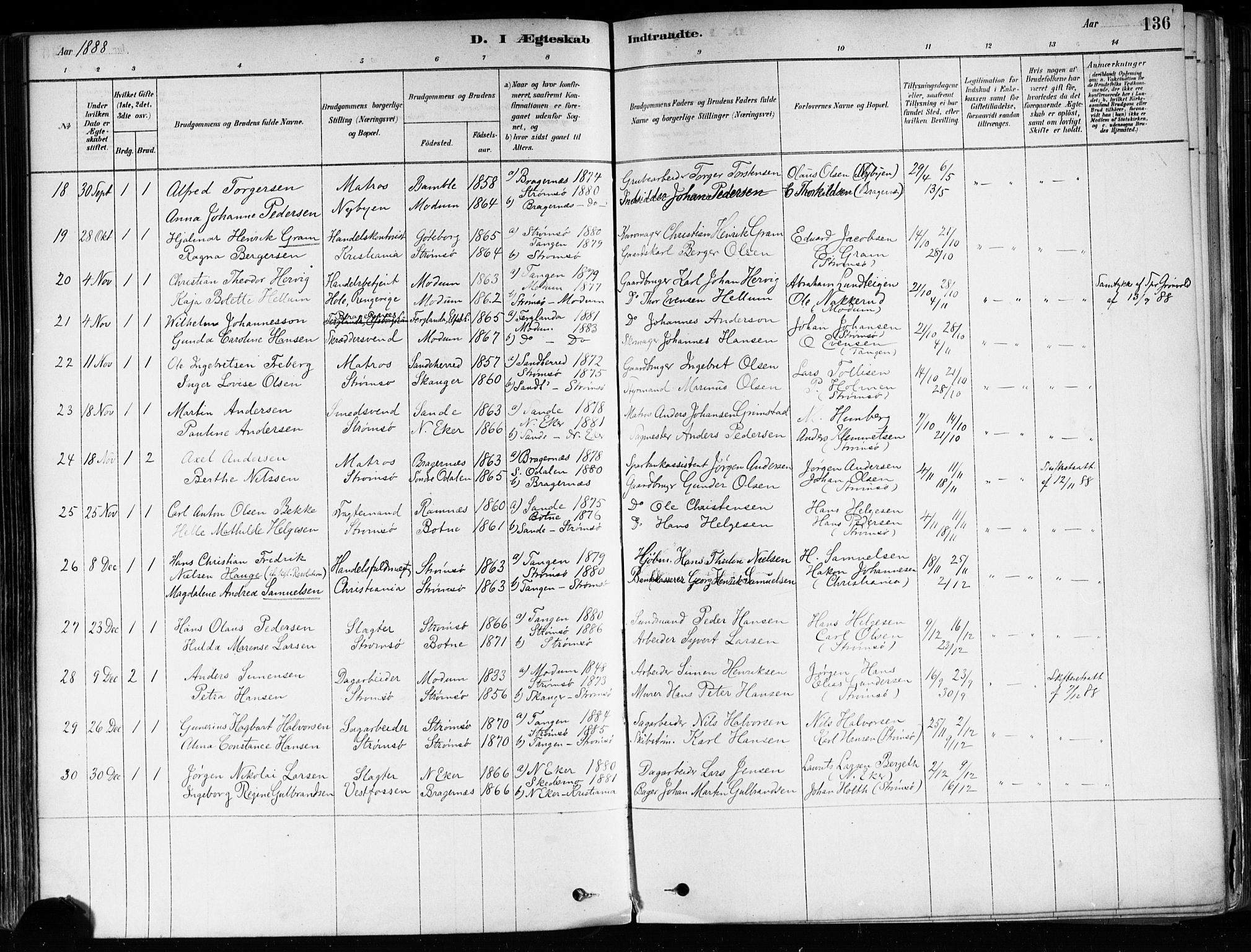 Strømsø kirkebøker, AV/SAKO-A-246/F/Fa/L0022: Ministerialbok nr. I 22, 1879-1899, s. 136