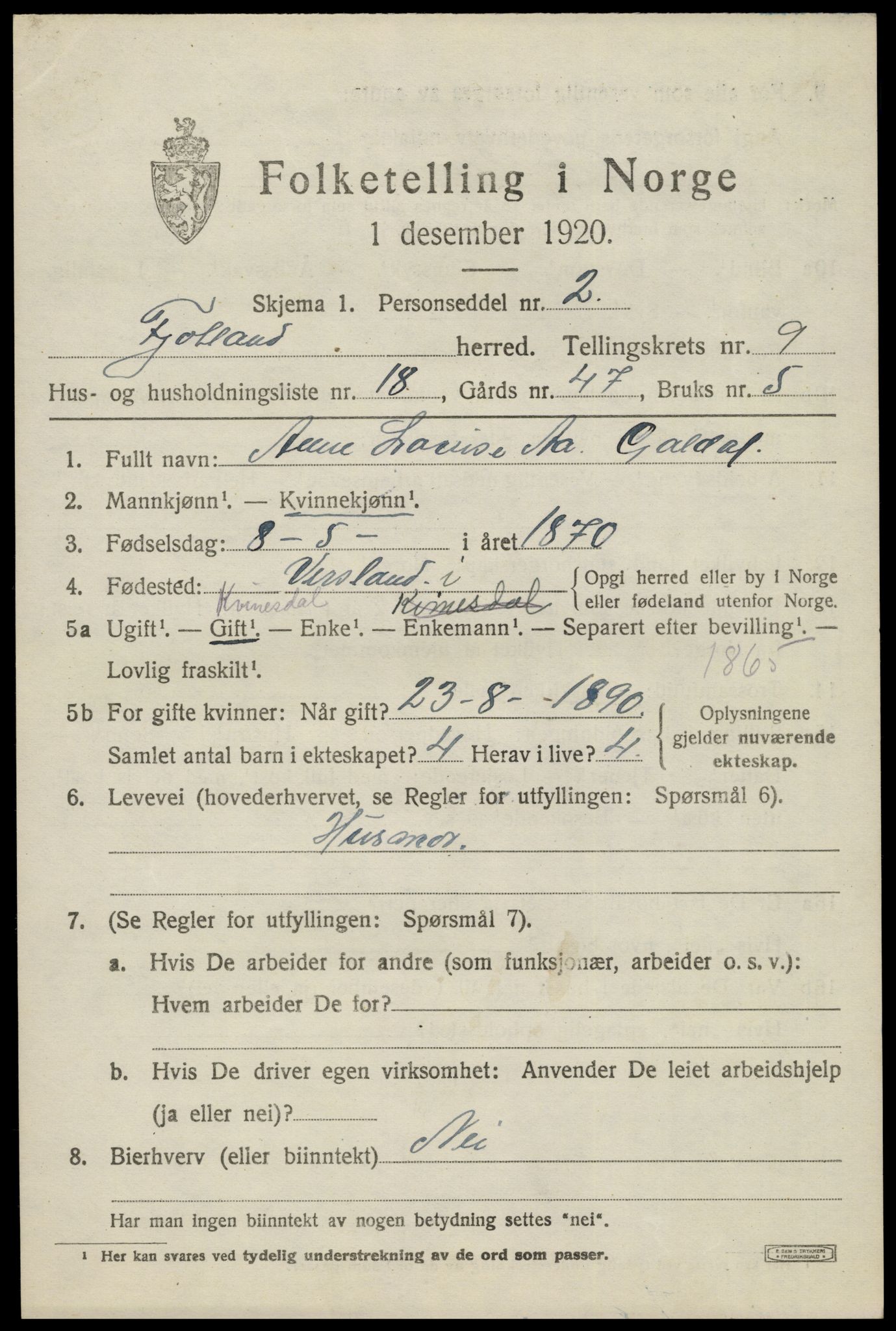 SAK, Folketelling 1920 for 1036 Fjotland herred, 1920, s. 2410