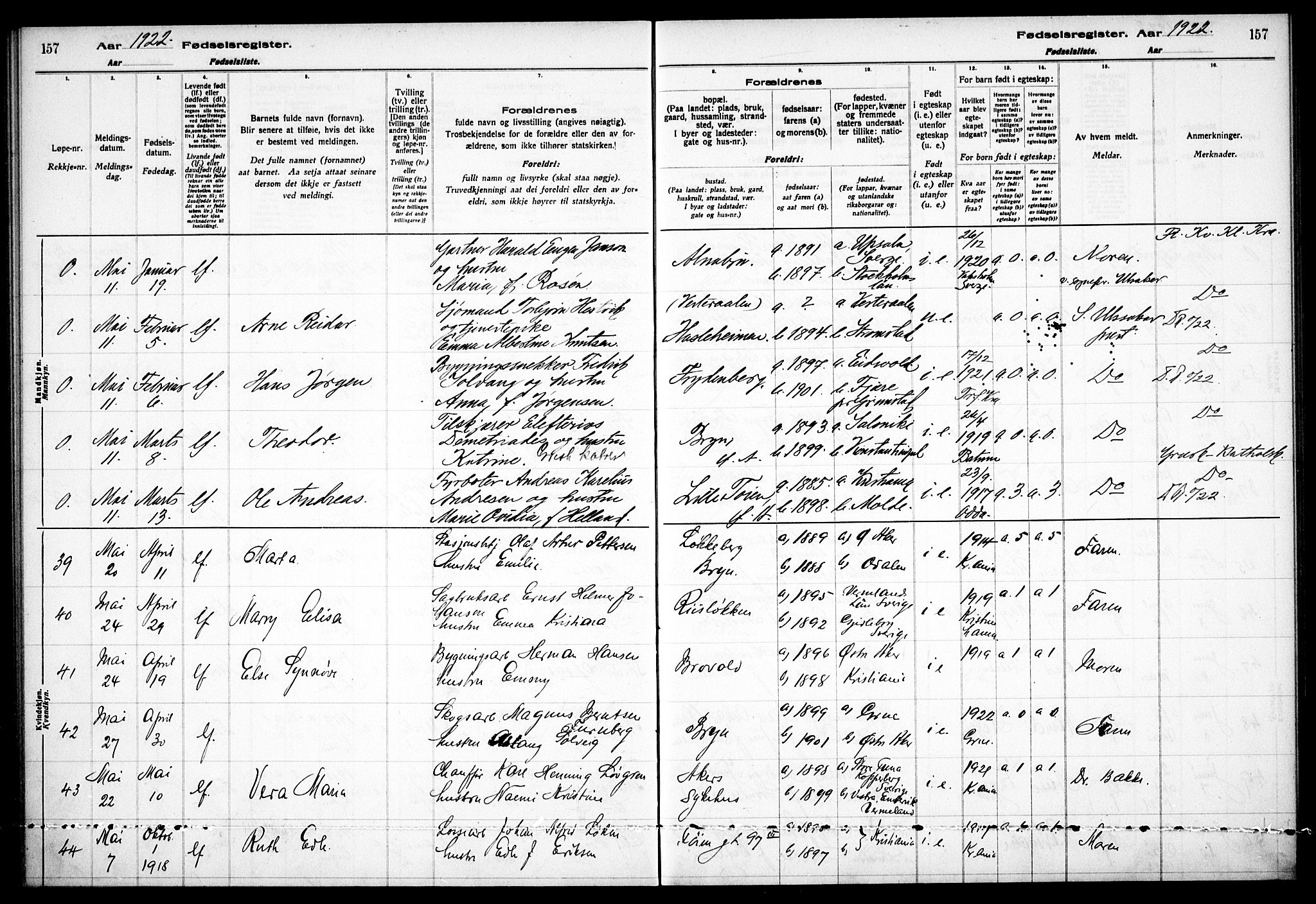 Østre Aker prestekontor Kirkebøker, AV/SAO-A-10840/J/Ja/L0001: Fødselsregister nr. I 1, 1916-1923, s. 157