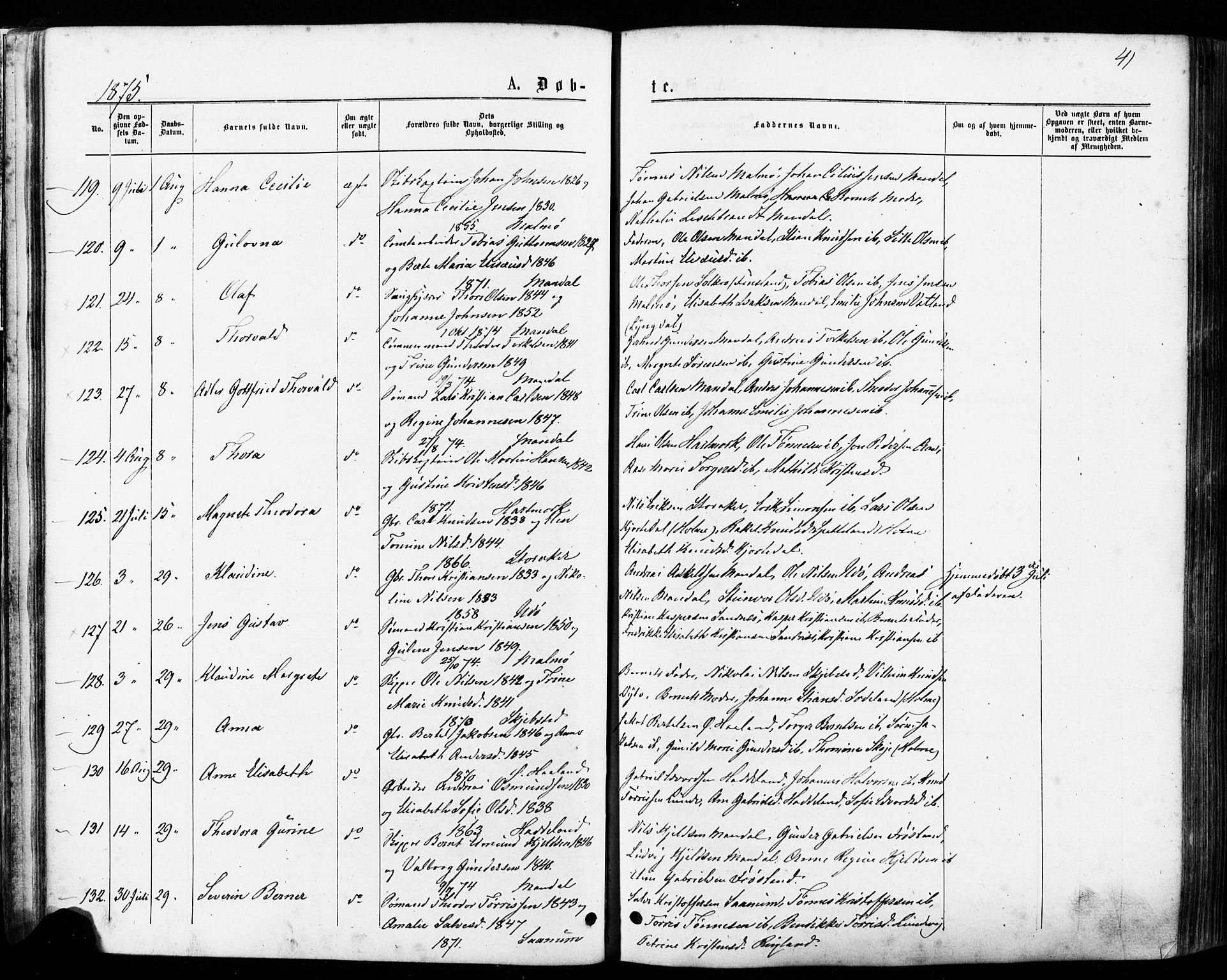 Mandal sokneprestkontor, AV/SAK-1111-0030/F/Fa/Faa/L0015: Ministerialbok nr. A 15, 1873-1879, s. 41