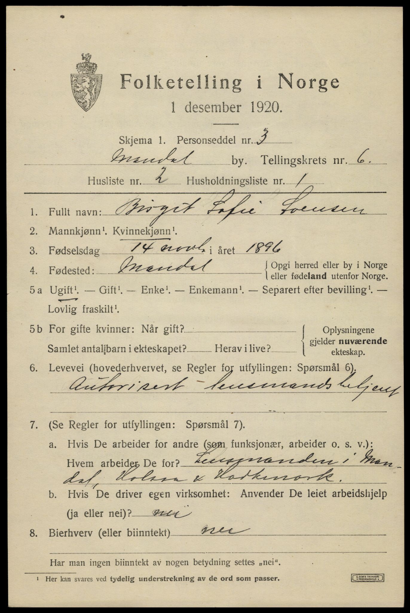 SAK, Folketelling 1920 for 1002 Mandal ladested, 1920, s. 9119