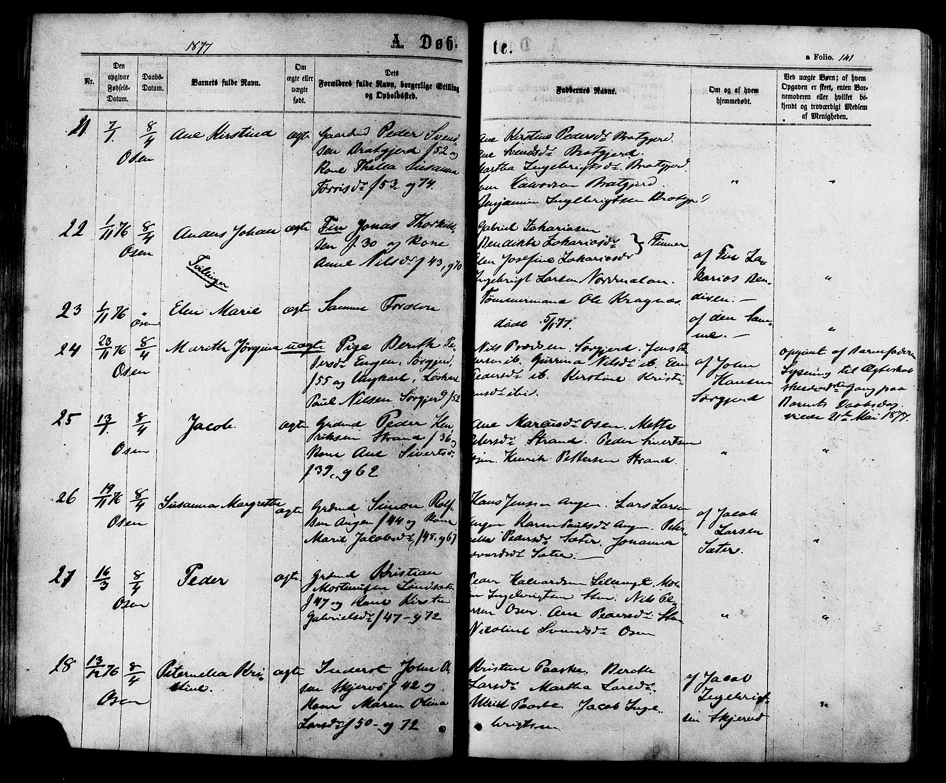 Ministerialprotokoller, klokkerbøker og fødselsregistre - Sør-Trøndelag, SAT/A-1456/657/L0706: Ministerialbok nr. 657A07, 1867-1878, s. 141