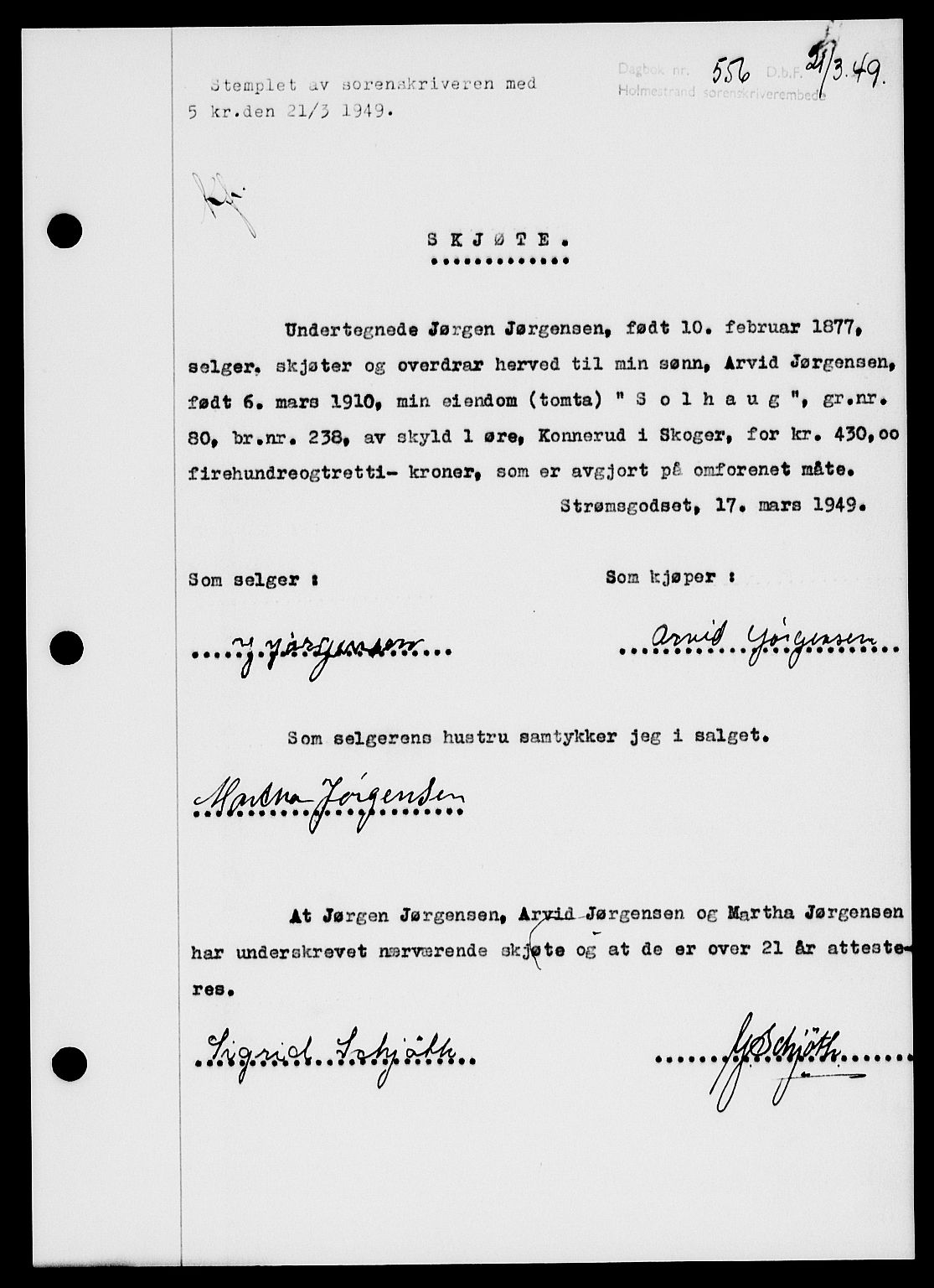 Holmestrand sorenskriveri, SAKO/A-67/G/Ga/Gaa/L0066: Pantebok nr. A-66, 1949-1949, Dagboknr: 556/1949