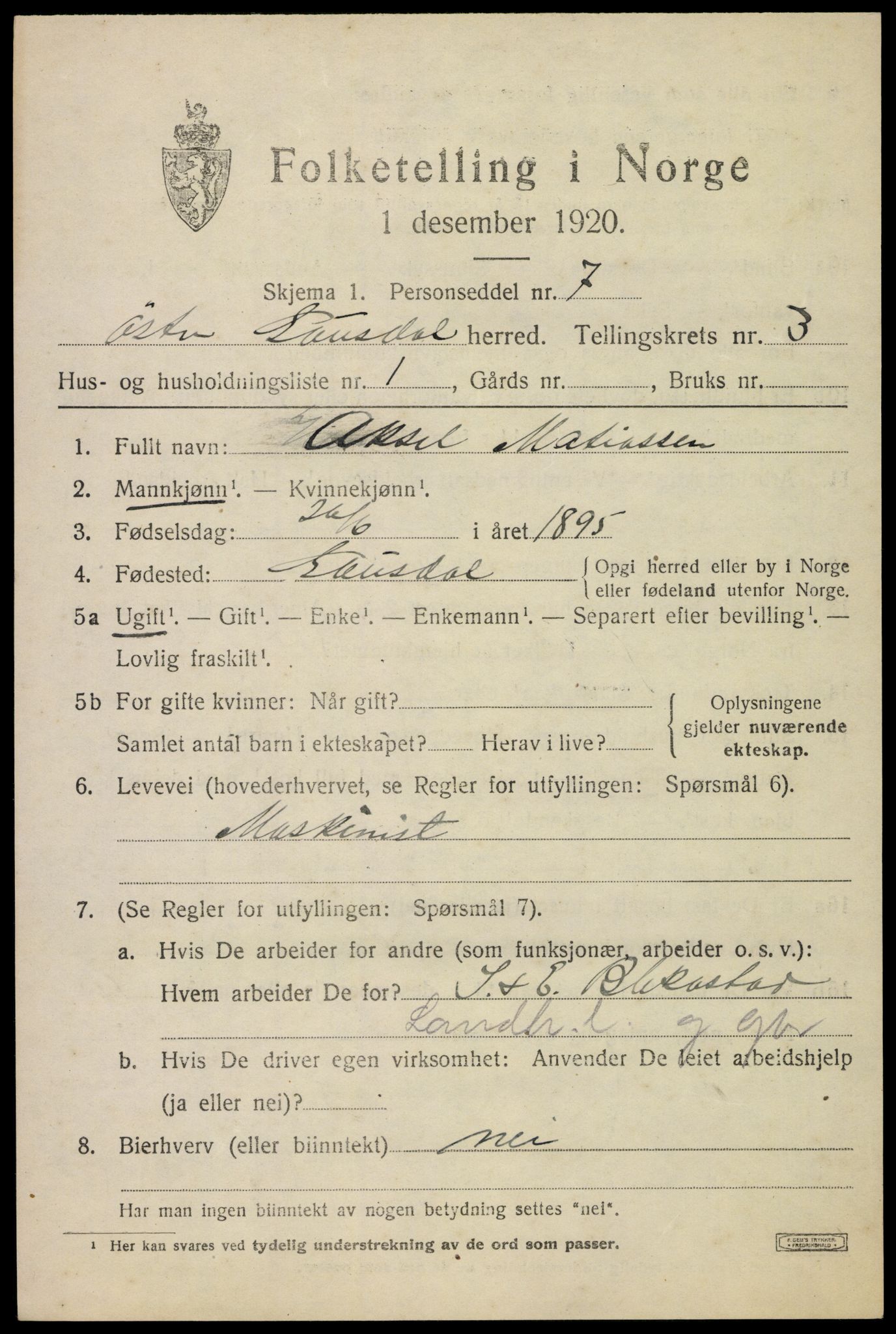 SAH, Folketelling 1920 for 0522 Østre Gausdal herred, 1920, s. 1922