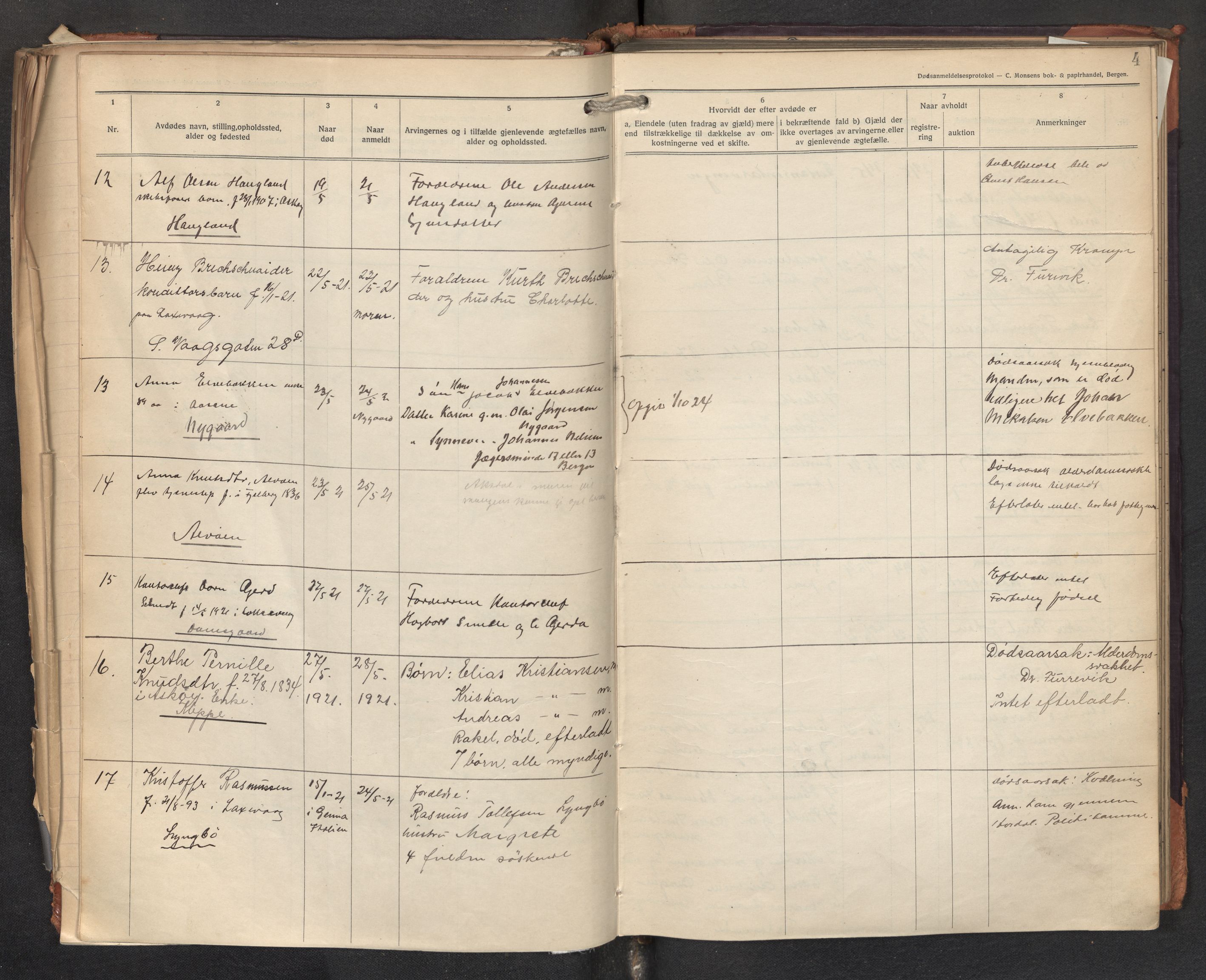 Lensmannen i Askøy, AV/SAB-A-31001/0006/L0002: Dødsfallprotokoll med register , 1921-1928, s. 4
