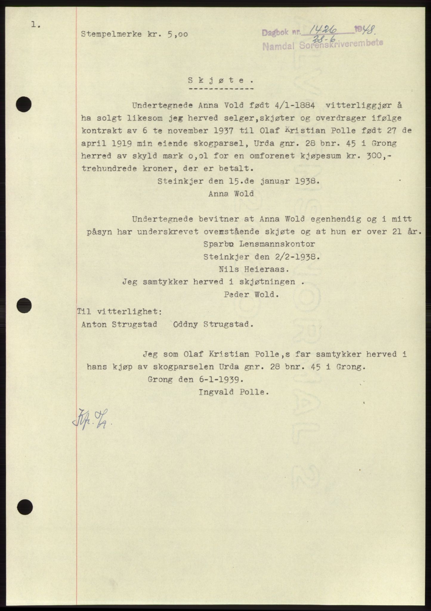 Namdal sorenskriveri, SAT/A-4133/1/2/2C: Pantebok nr. -, 1948-1948, Dagboknr: 1426/1948