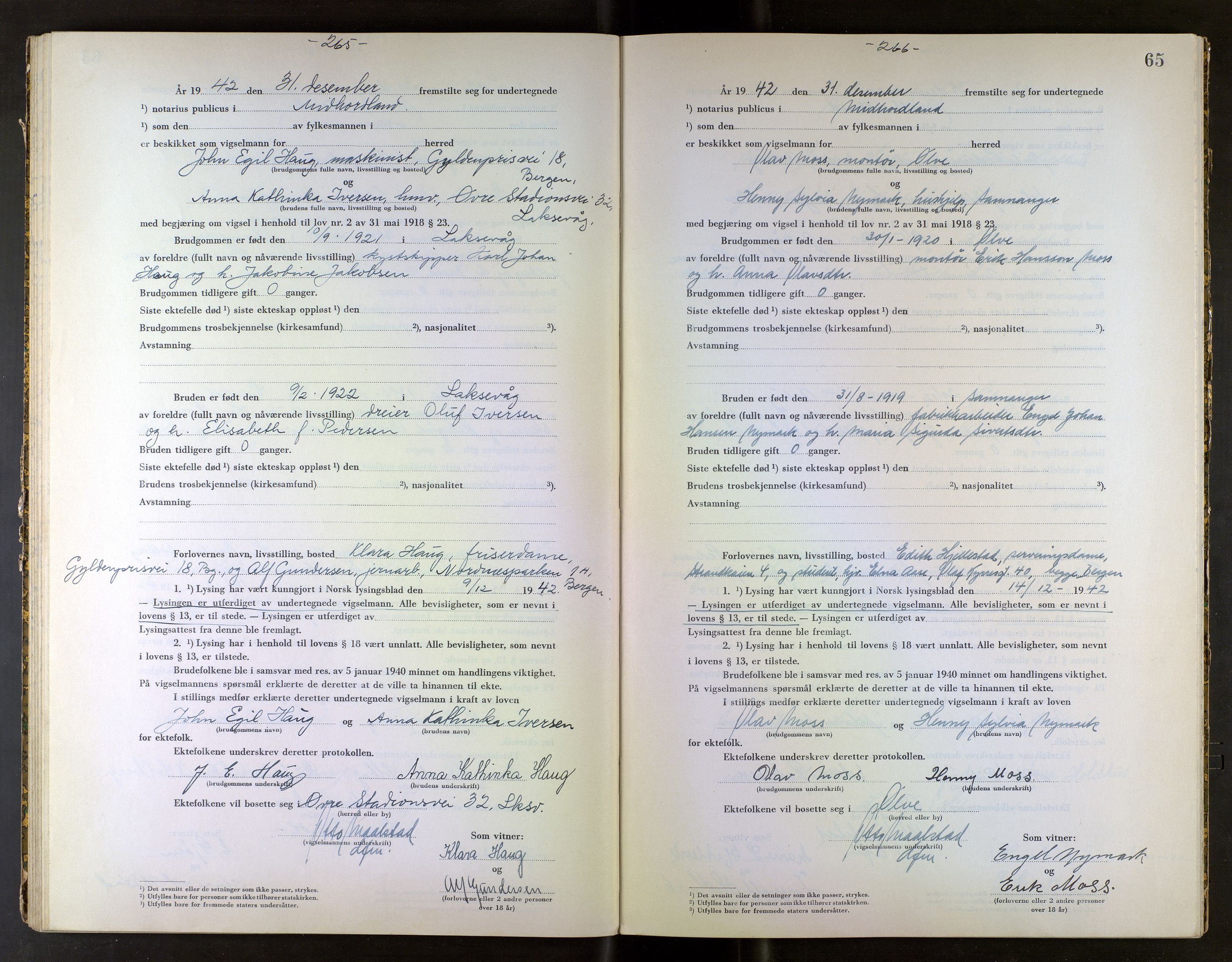 Midhordland sorenskriveri, AV/SAB-A-3001/1/M/Mc/Mca/L0003: Notarialbilag. Vigselbøker, 1942-1943, s. 65