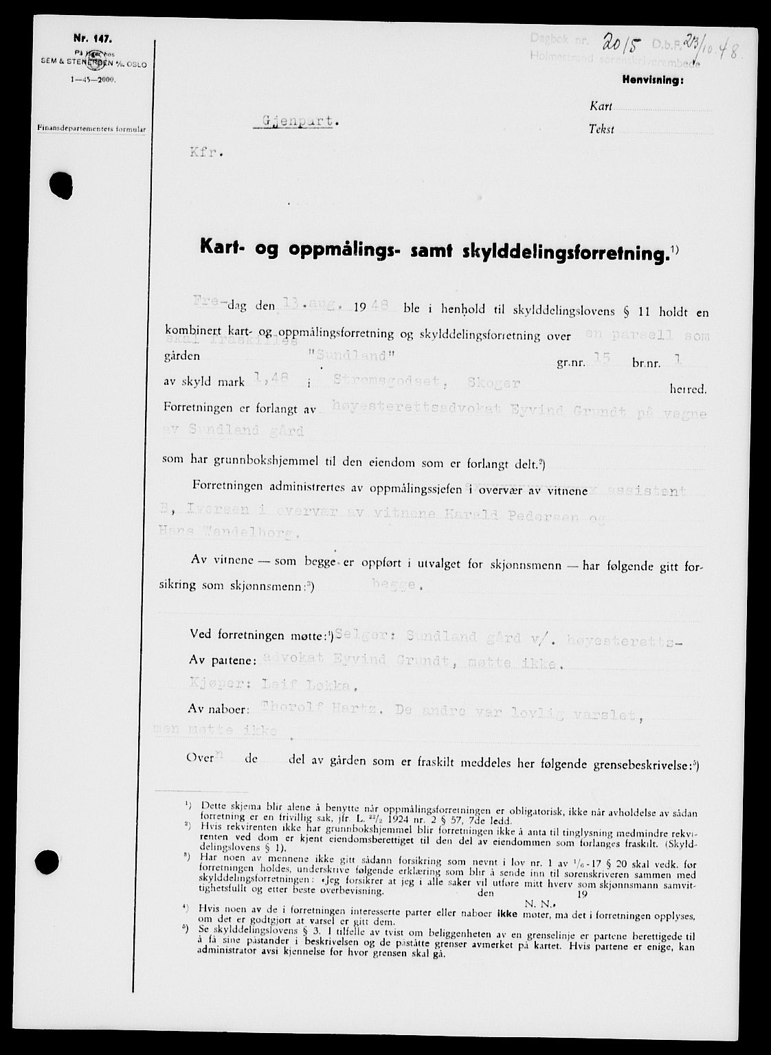 Holmestrand sorenskriveri, SAKO/A-67/G/Ga/Gaa/L0065: Pantebok nr. A-65, 1948-1949, Dagboknr: 2015/1948
