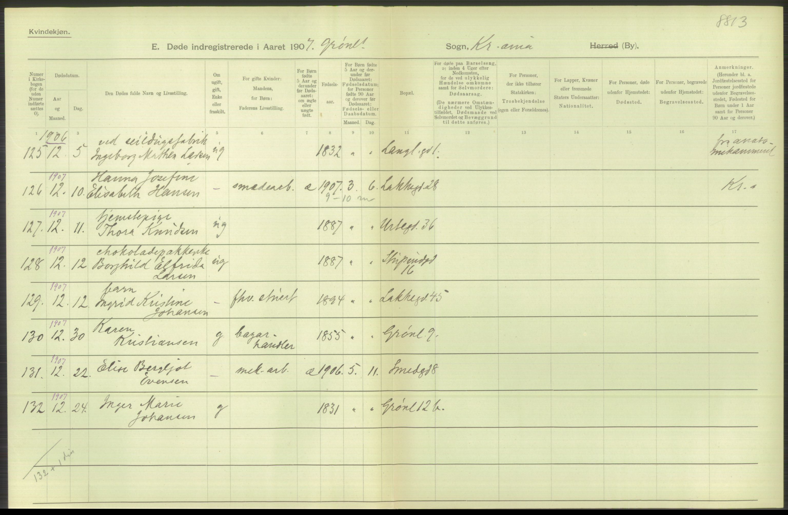 Statistisk sentralbyrå, Sosiodemografiske emner, Befolkning, RA/S-2228/D/Df/Dfa/Dfae/L0009: Kristiania: Døde, 1907, s. 428