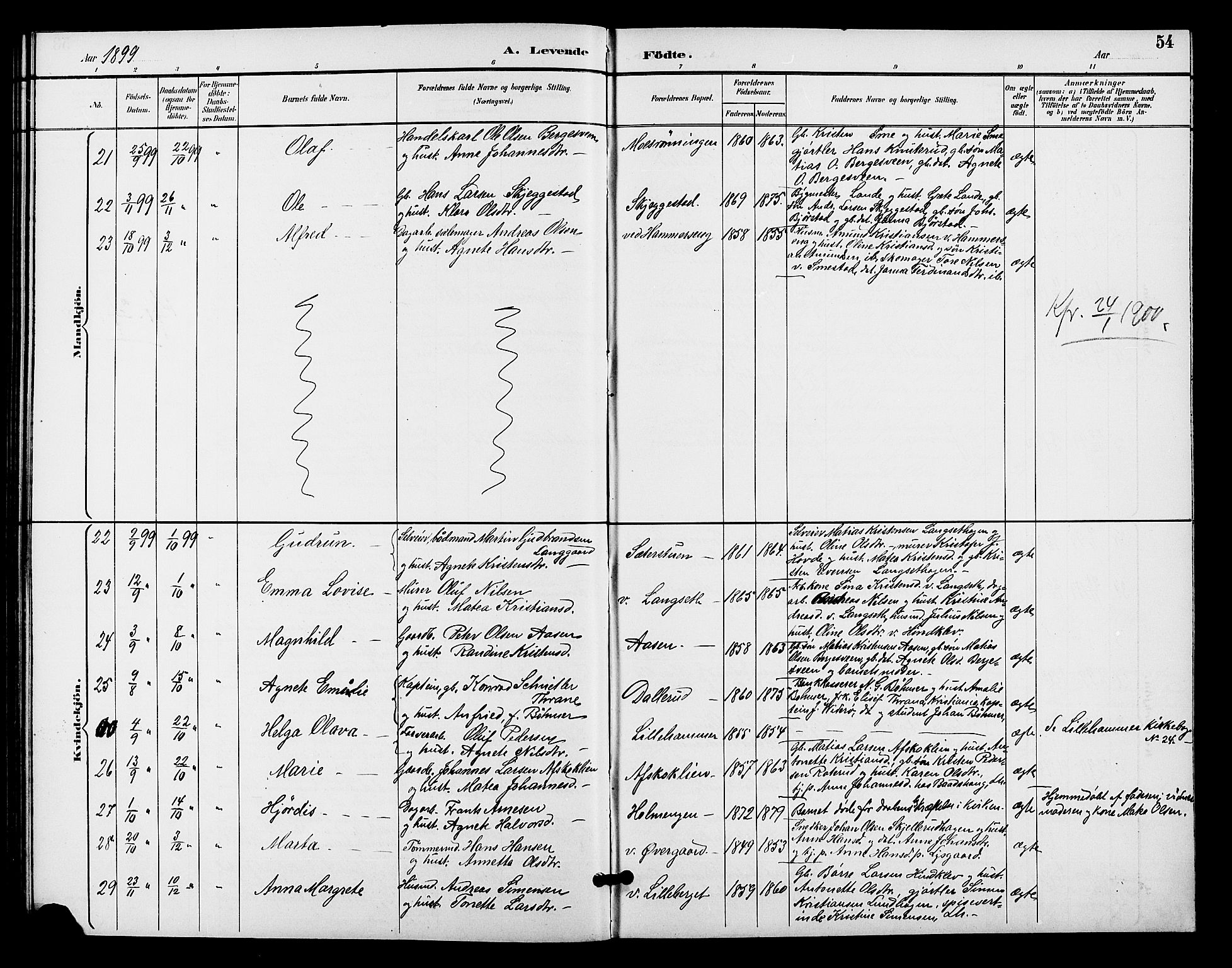 Fåberg prestekontor, AV/SAH-PREST-086/H/Ha/Hab/L0009: Klokkerbok nr. 9, 1891-1902, s. 54
