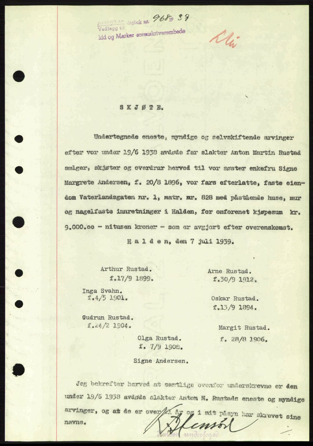 Idd og Marker sorenskriveri, AV/SAO-A-10283/G/Gb/Gbb/L0003: Pantebok nr. A3, 1938-1939, Dagboknr: 968/1939