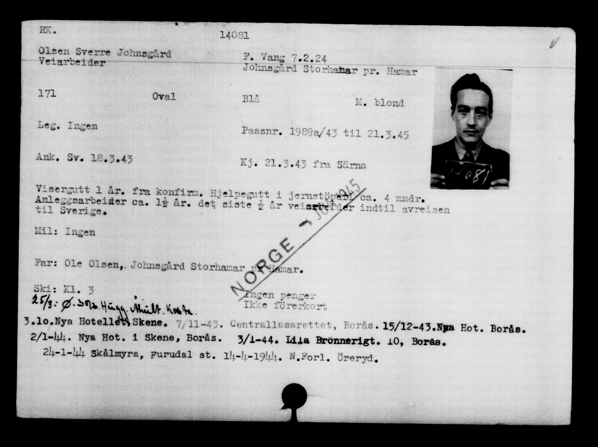 Den Kgl. Norske Legasjons Flyktningskontor, AV/RA-S-6753/V/Va/L0007: Kjesäterkartoteket.  Flyktningenr. 12700-15723, 1940-1945, s. 1593