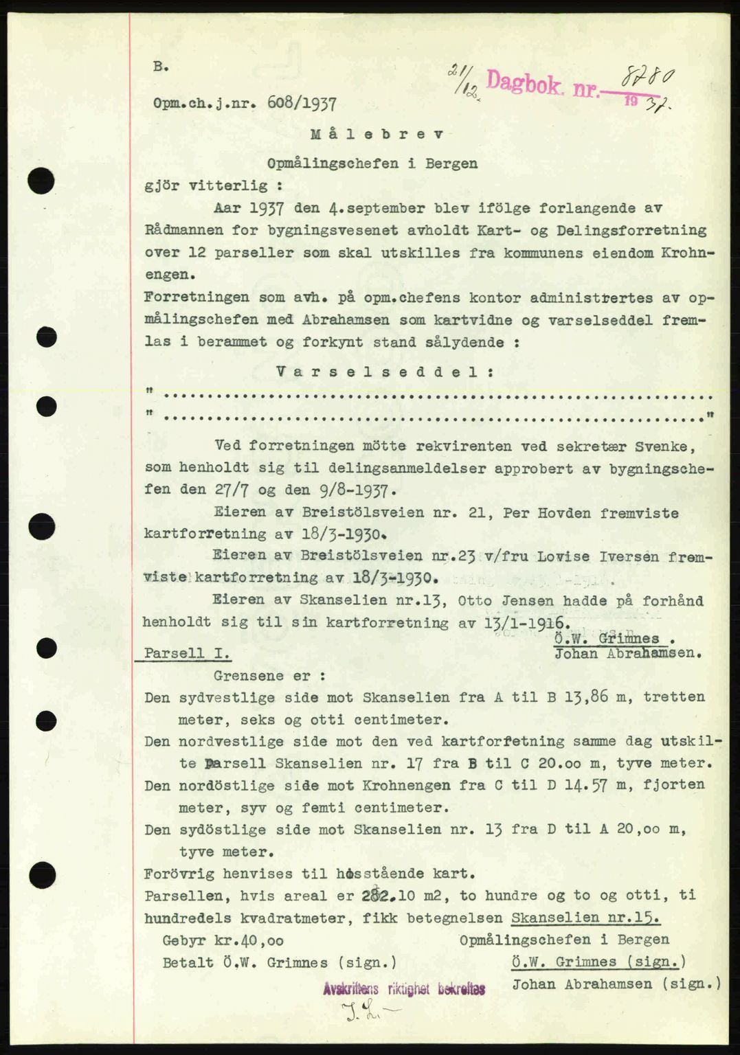 Byfogd og Byskriver i Bergen, SAB/A-3401/03/03Bc/L0006: Pantebok nr. A5, 1937-1938, Dagboknr: 8780/1937