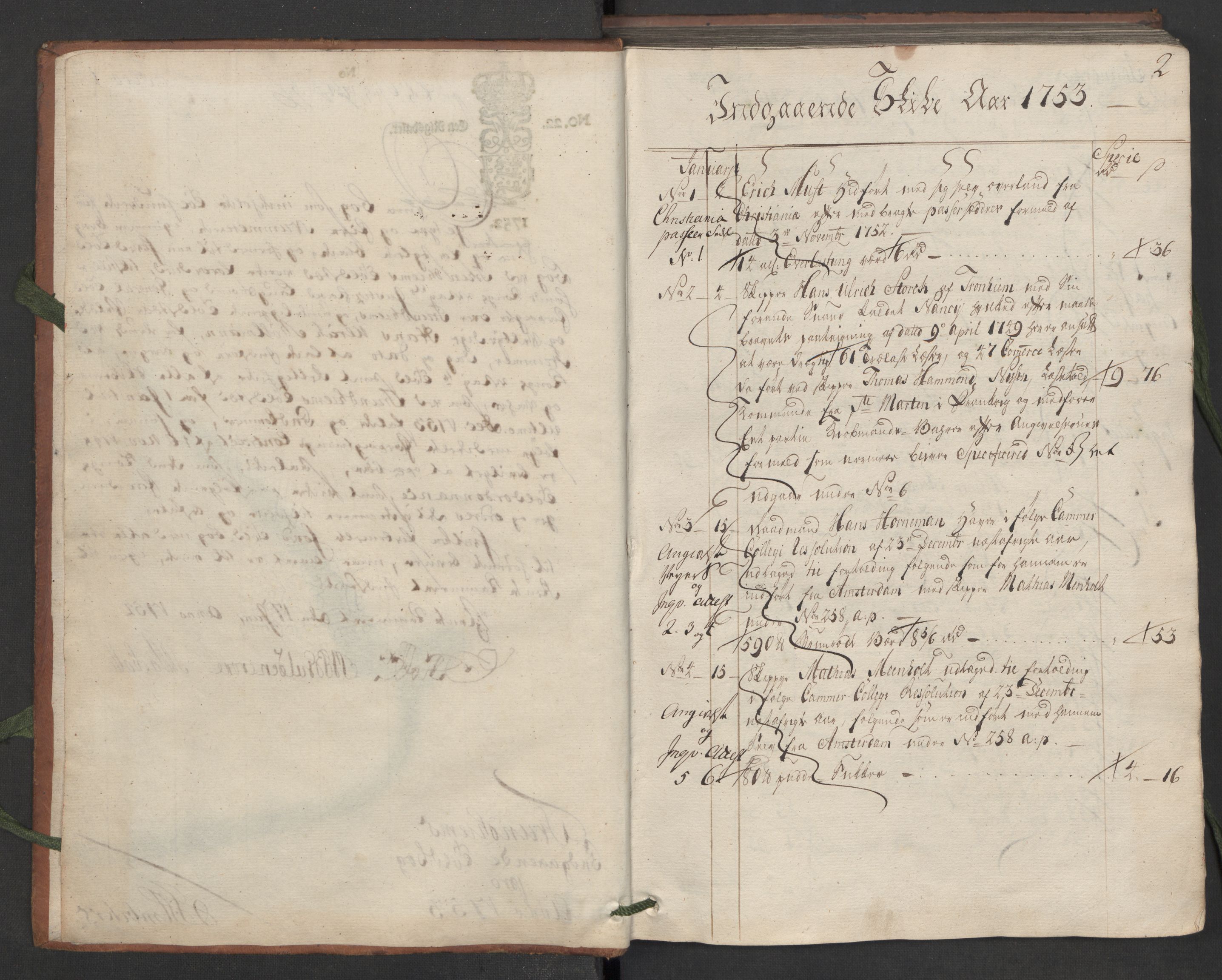 Generaltollkammeret, tollregnskaper, AV/RA-EA-5490/R33/L0034/0001: Tollregnskaper Trondheim A / Inngående hovedtollbok, 1753