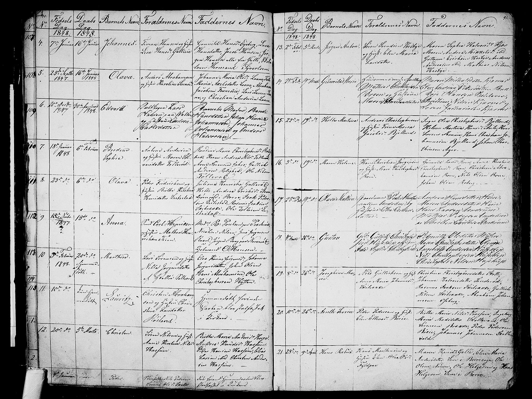 Sem kirkebøker, AV/SAKO-A-5/G/Ga/L0003: Klokkerbok nr. I 3, 1844-1855, s. 40-41