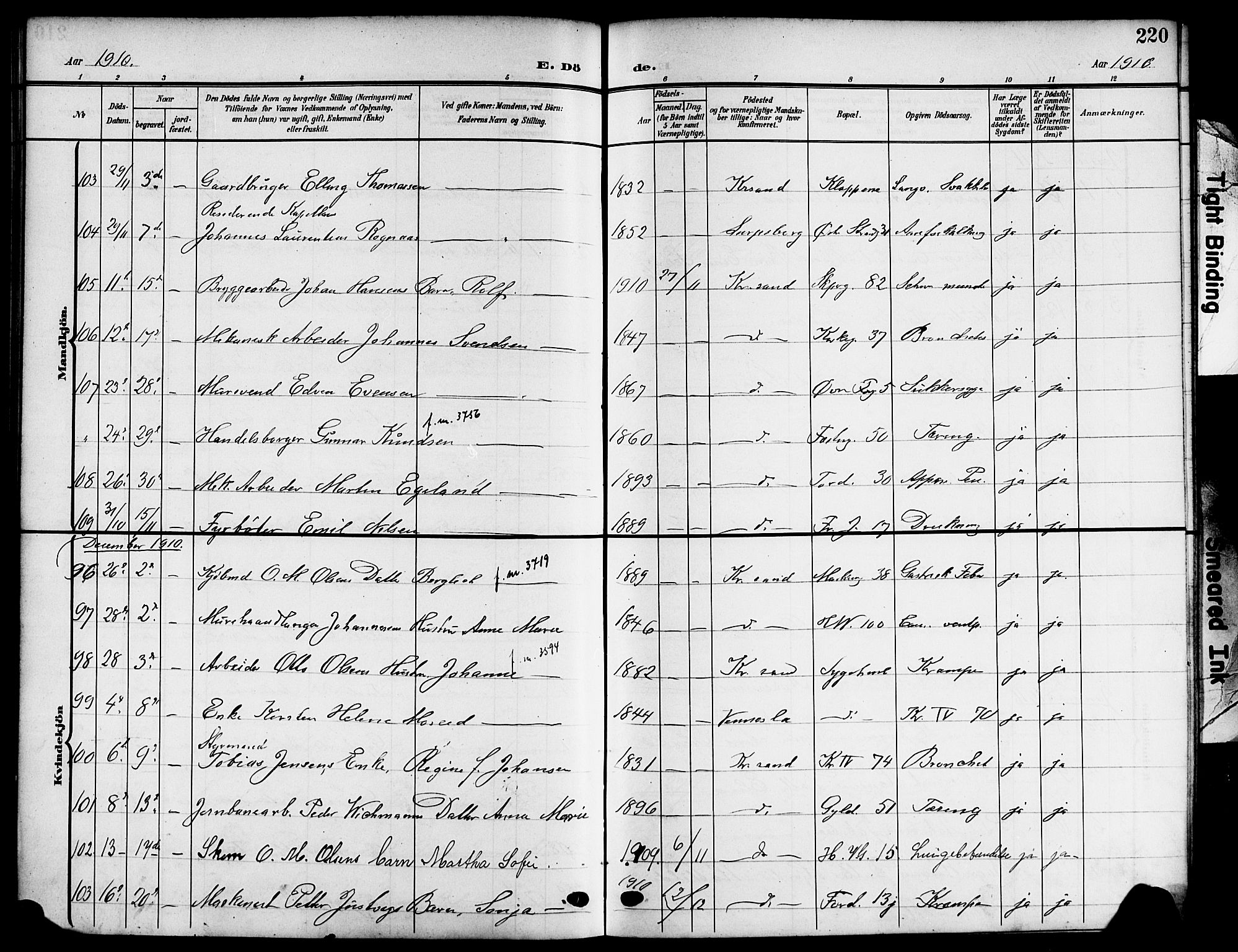 Kristiansand domprosti, AV/SAK-1112-0006/F/Fb/L0020: Klokkerbok nr. B 20, 1906-1915, s. 220