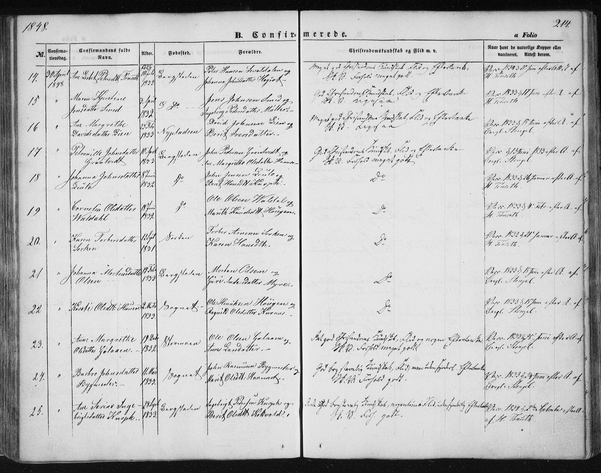 Ministerialprotokoller, klokkerbøker og fødselsregistre - Sør-Trøndelag, SAT/A-1456/681/L0931: Ministerialbok nr. 681A09, 1845-1859, s. 214