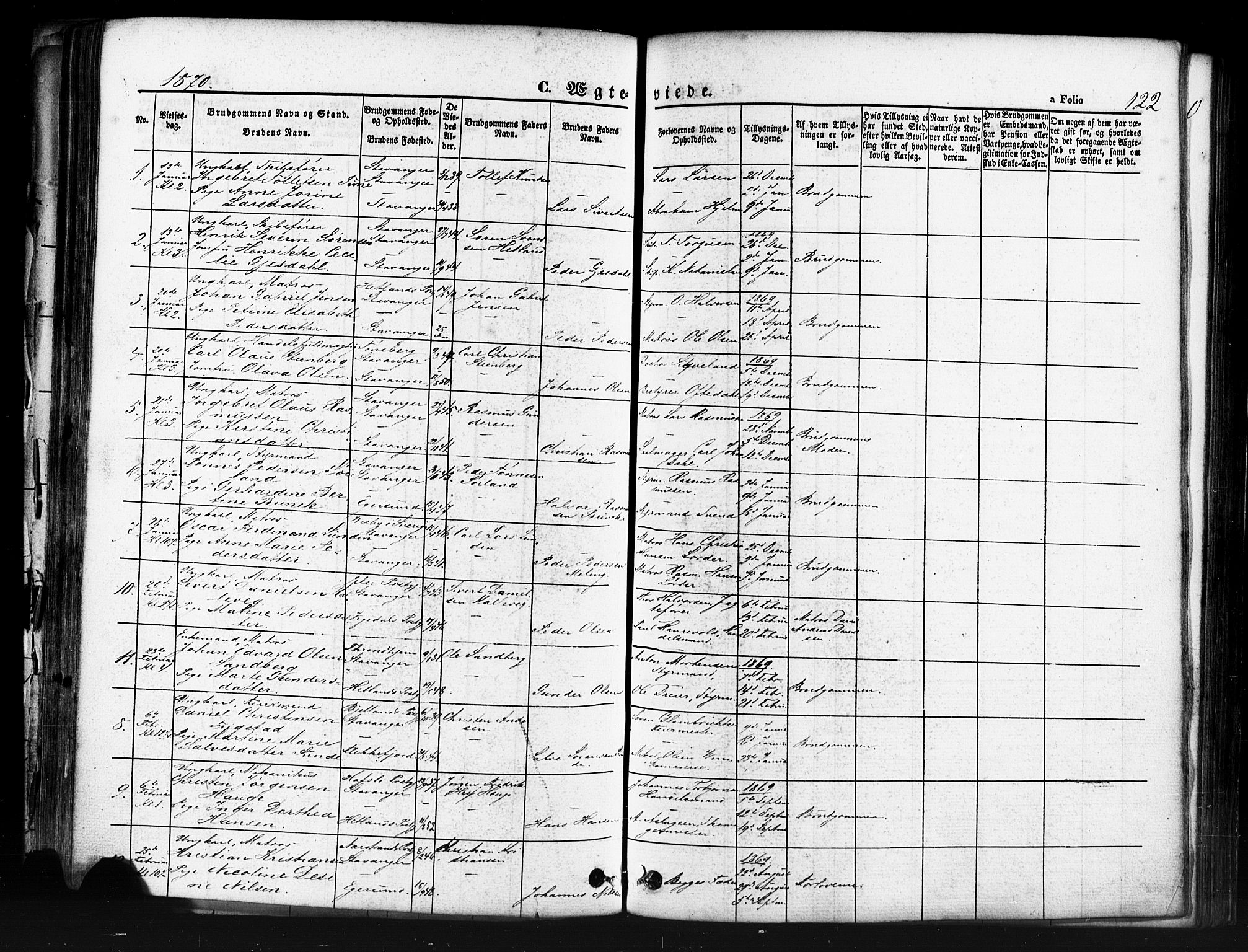 Domkirken sokneprestkontor, SAST/A-101812/001/30/30BB/L0011: Klokkerbok nr. B 11, 1858-1876, s. 122