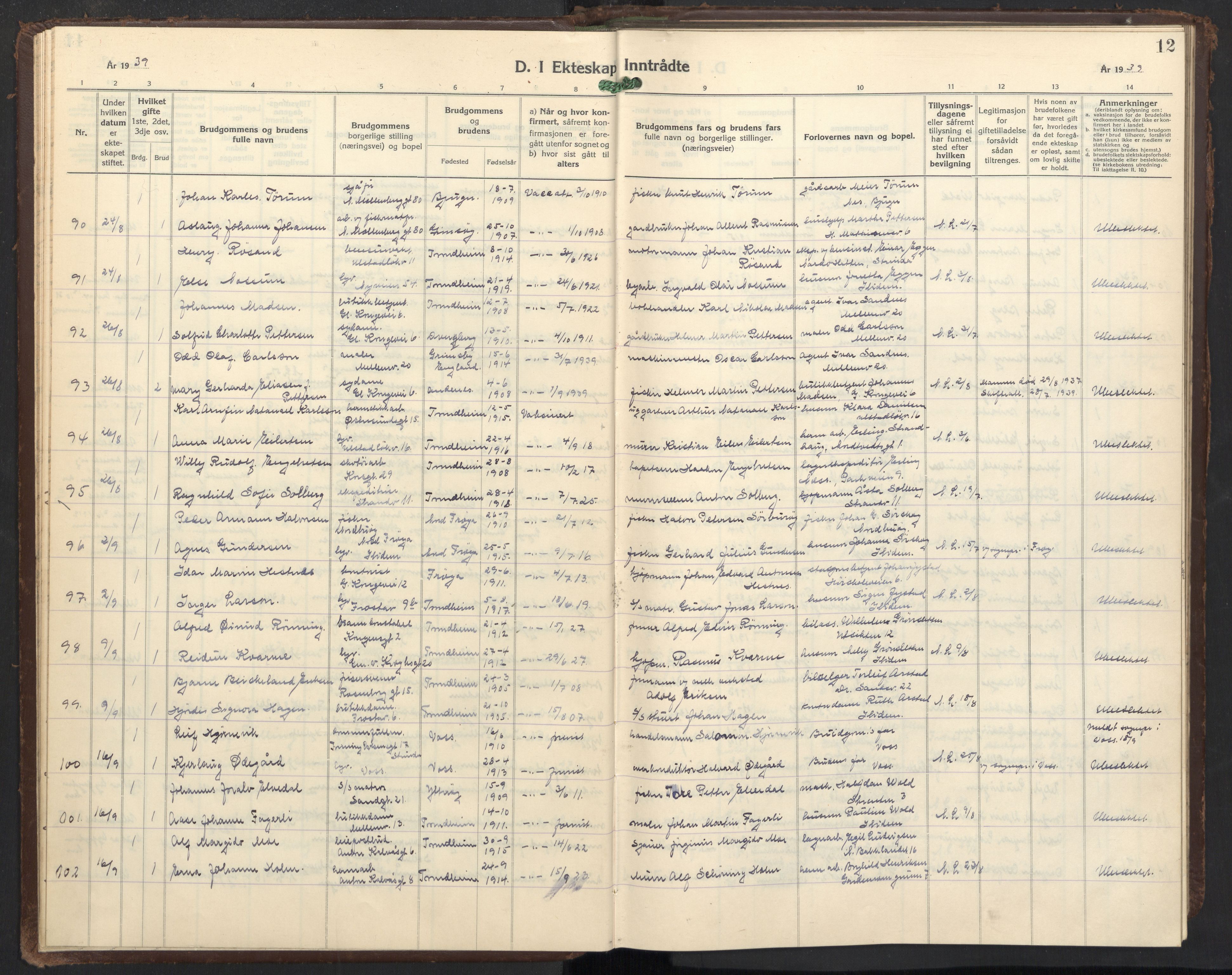 Ministerialprotokoller, klokkerbøker og fødselsregistre - Sør-Trøndelag, AV/SAT-A-1456/605/L0263: Klokkerbok nr. 605C10, 1938-1949, s. 12