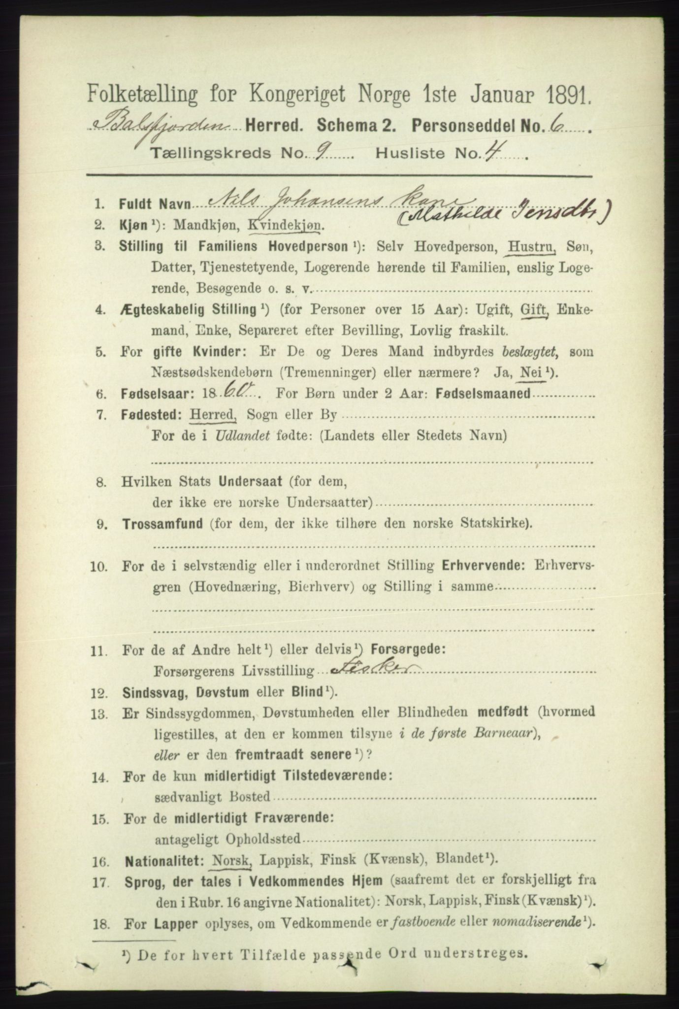 RA, Folketelling 1891 for 1933 Balsfjord herred, 1891, s. 3135