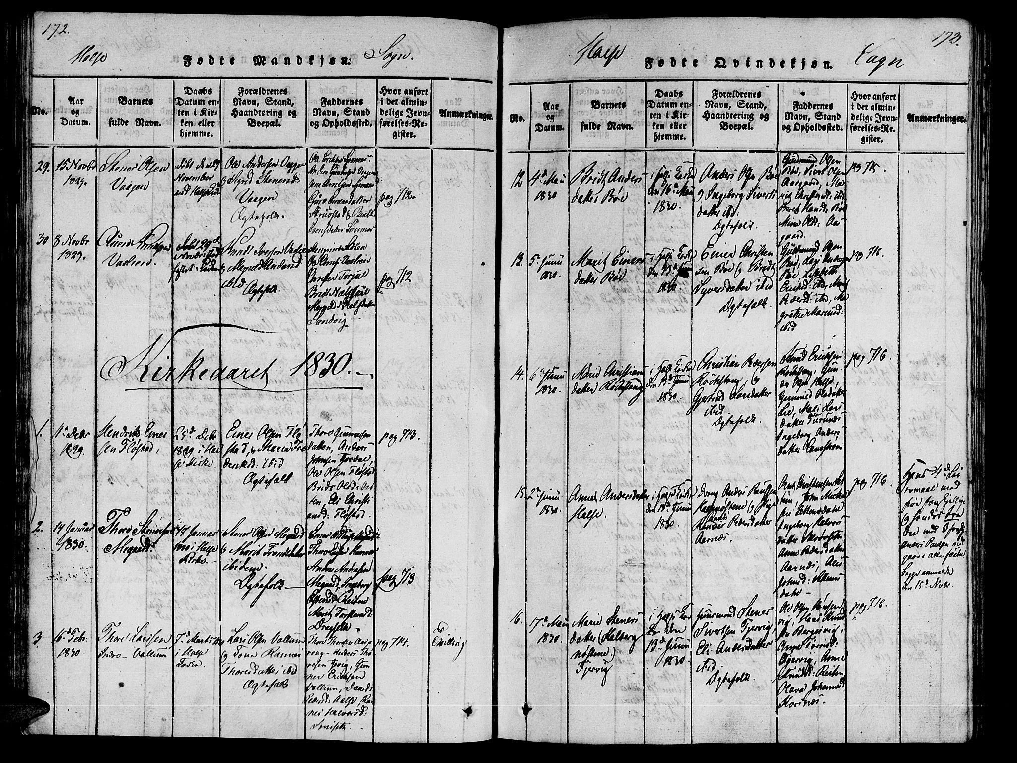 Ministerialprotokoller, klokkerbøker og fødselsregistre - Møre og Romsdal, AV/SAT-A-1454/592/L1023: Ministerialbok nr. 592A02, 1820-1830, s. 172-173