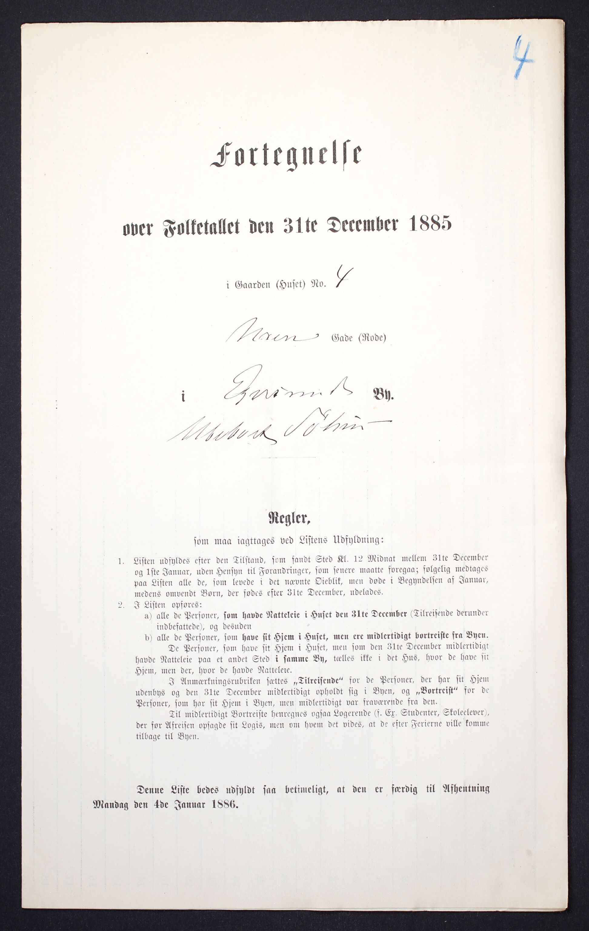 SAST, Folketelling 1885 for 1101 Egersund ladested, 1885, s. 4a