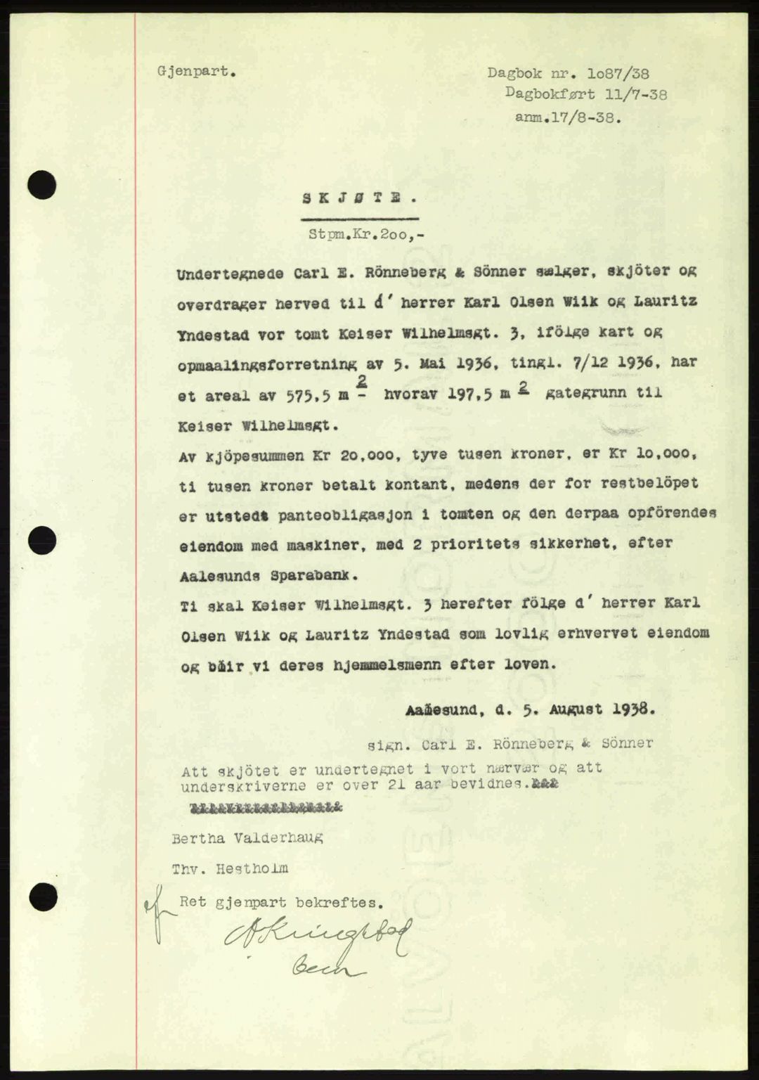 Ålesund byfogd, AV/SAT-A-4384: Pantebok nr. 34 II, 1938-1940, Dagboknr: 1087/1938