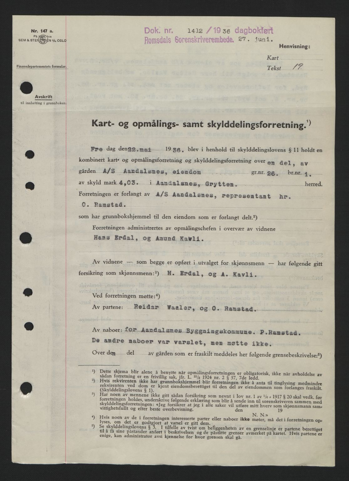 Romsdal sorenskriveri, SAT/A-4149/1/2/2C: Pantebok nr. A1, 1936-1936, Dagboknr: 1412/1936