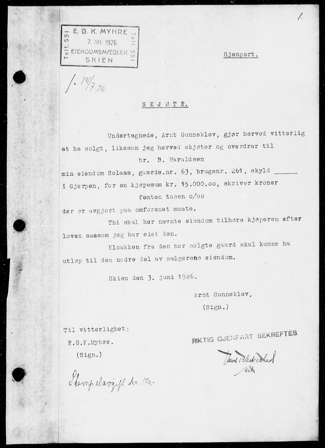 Gjerpen sorenskriveri, SAKO/A-216/G/Ga/Gaa/L0048: Pantebok nr. I 48 og 50-51, 1926-1928, Tingl.dato: 14.07.1926