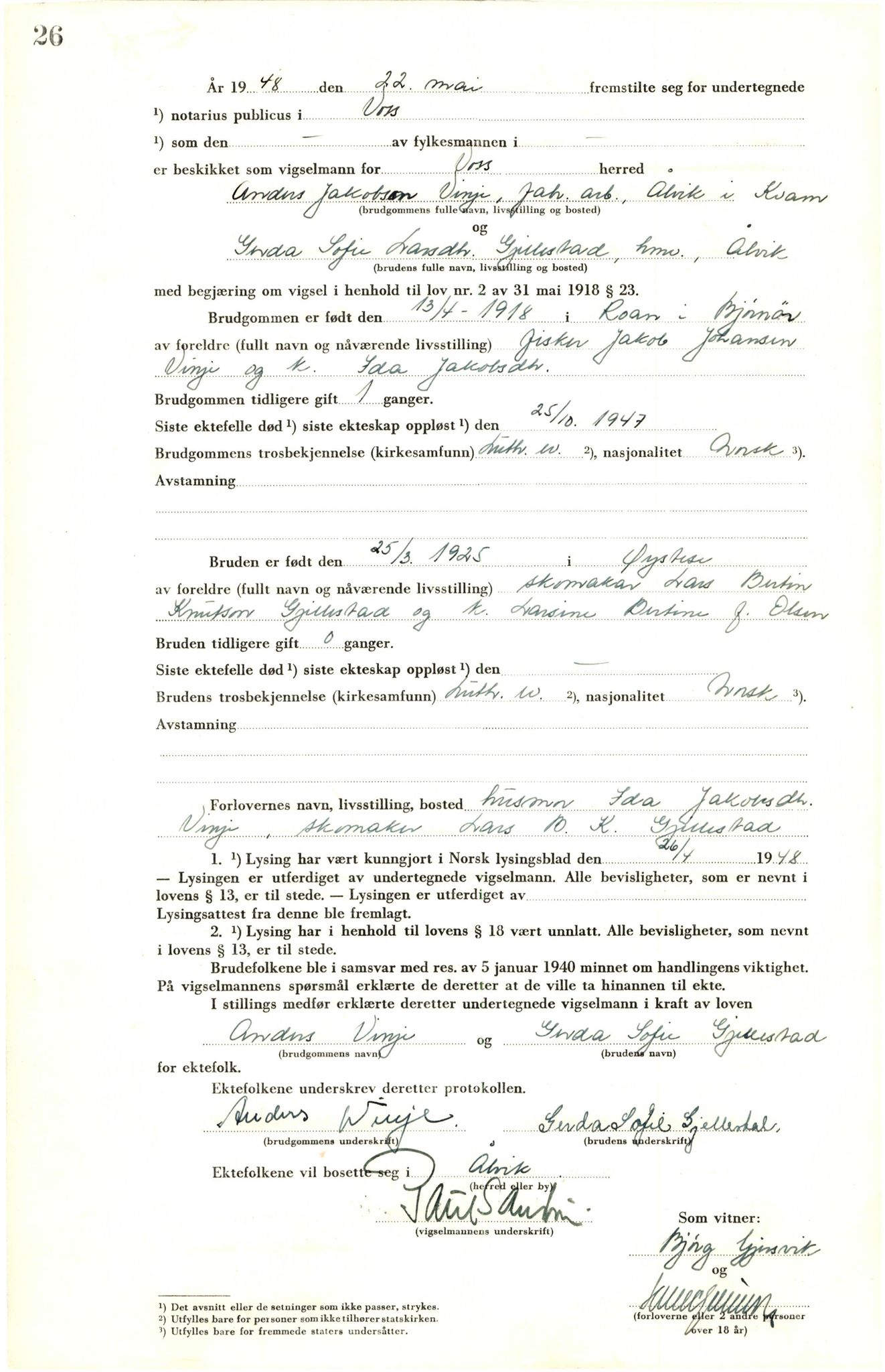 Voss sorenskrivar, SAB/A-2701/M/Maa/L0003: Vigselbok, 1945-1969, s. 26